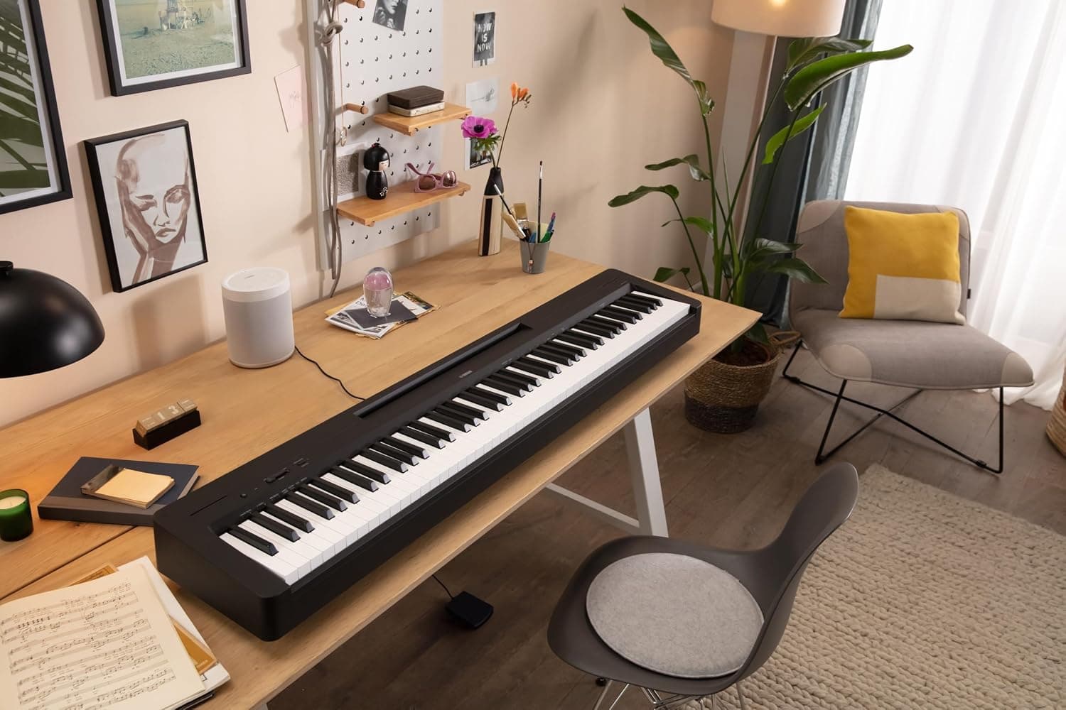 Yamaha 88-Key Digital Piano with Weighted Keys, Compact Design, Bluetooth, Keyboard, Music Rest, Sustain Foot Switch, and Built-in Speakers for Home Practice or Travel P145BT