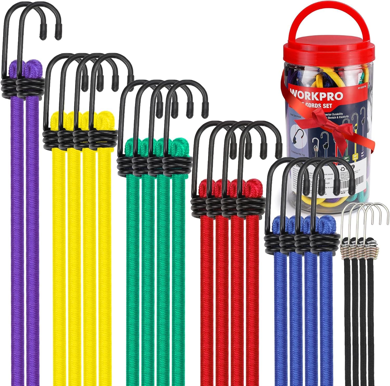 WORKPRO Bungee Cords with Hooks, Heavy Duty Outdoor Bungee Strap, 22-Piece | in a Storage Jar, 10", 18", 24", 30", 36", 48" Bungie Cord Bundle Assortment with Metal Hook, for Luggage, Cargo, Multi-Color