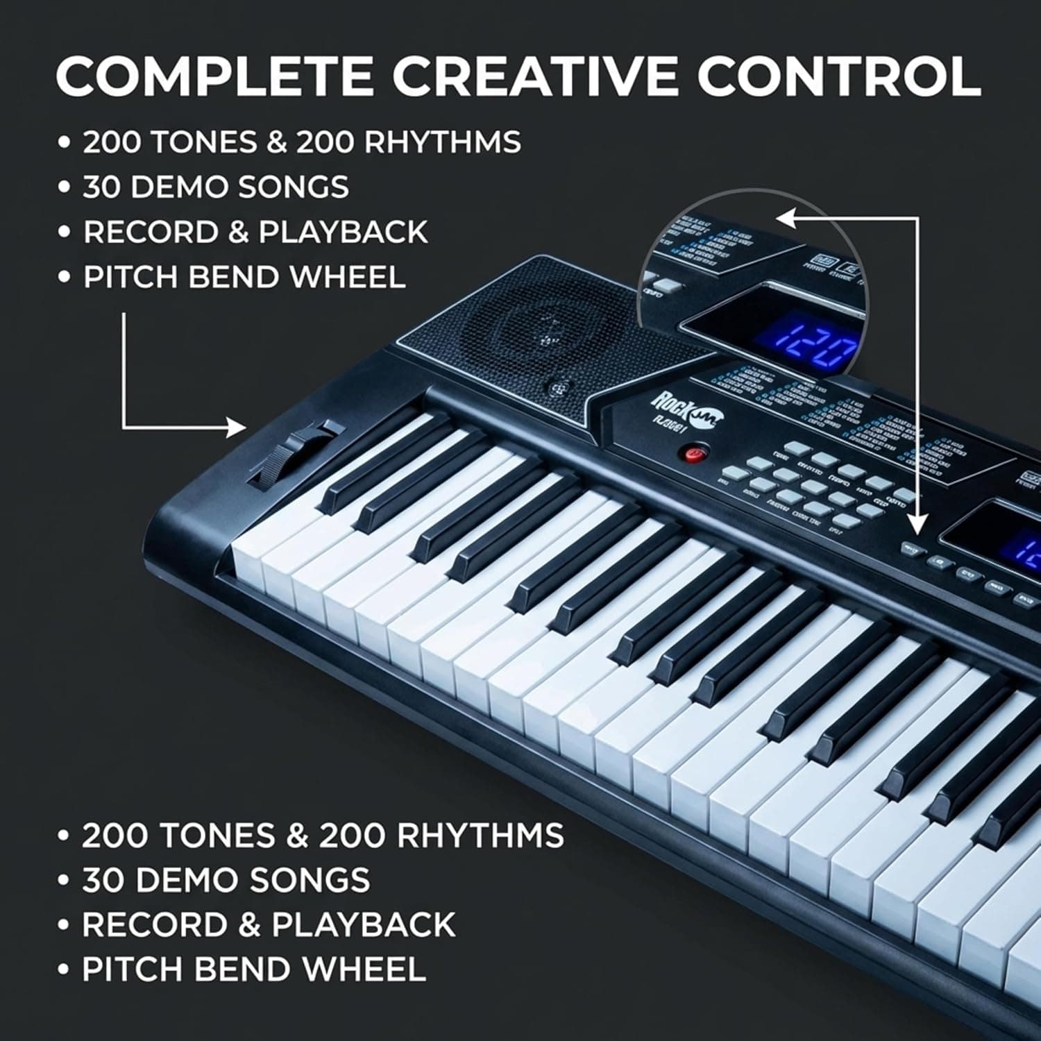 RockJam RJ5061 61 Key Keyboard Piano Kit with Stand, Bench & Headphones | Beginner electric keyboard piano set with pitch bend, LED panel, Simply Piano lessons and note stickers, all included
