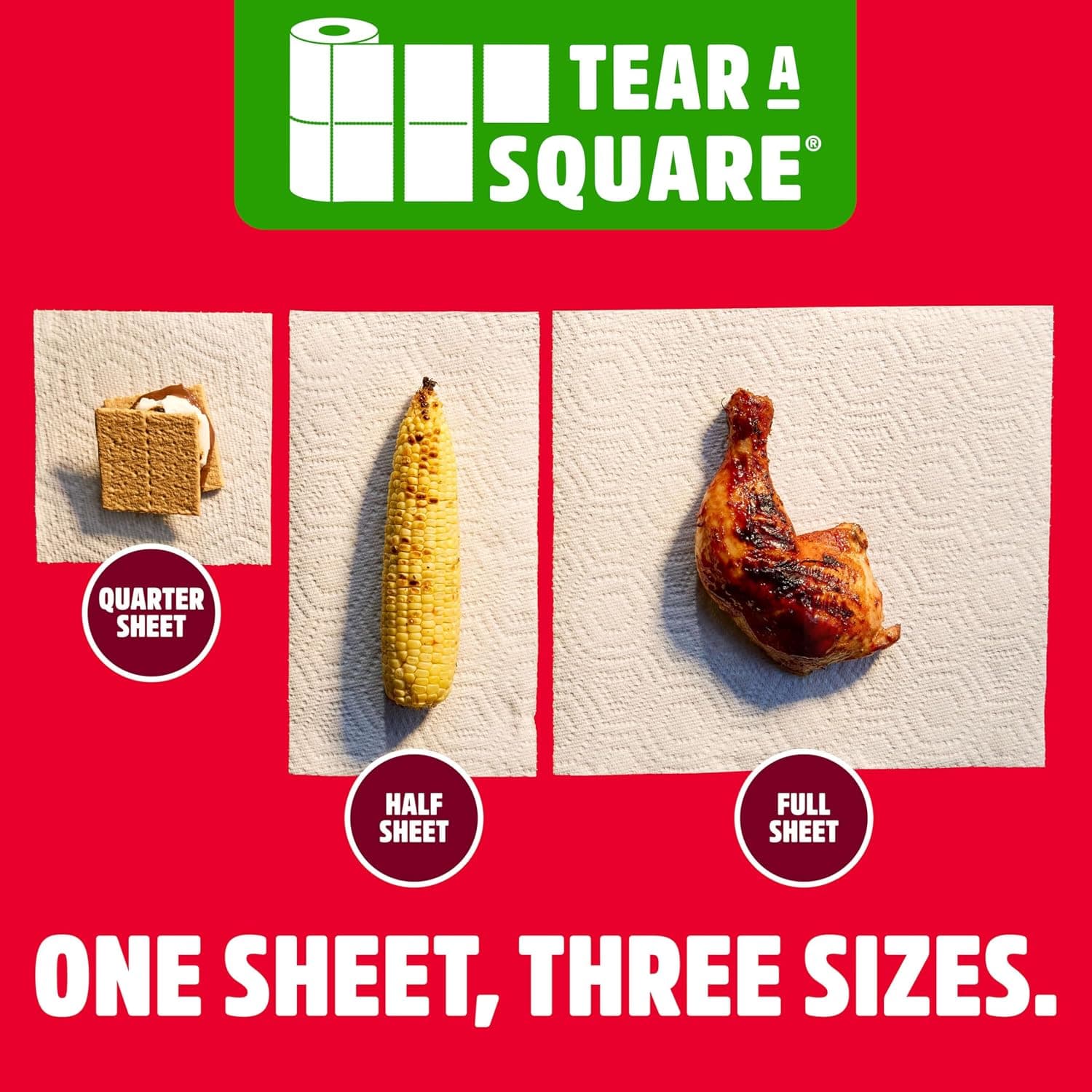 Brawny Tear-A-Square 3-Ply Paper Towels, 6 Double Rolls = 12 Regular Rolls, Strong, Absorbent, and Durable with 3 Sheet Sizes (Quarter, Half, Full)