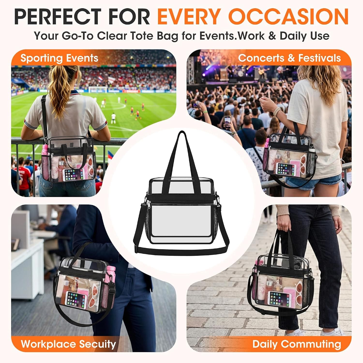 Oraben Clear Tote Bag Clear Bag Stadium Approved 12x6x12 Stadium Bag for Work, Sports Games,Gym