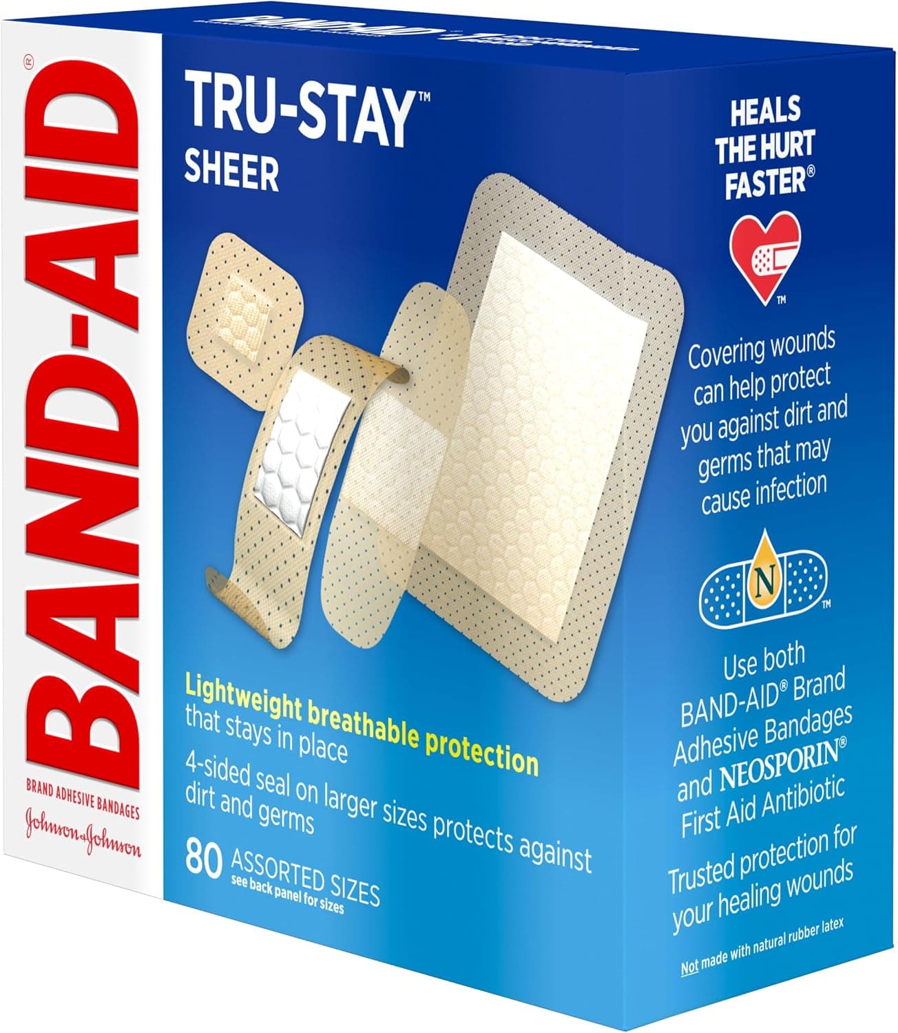 BAND-AID Brand Tru-Stay Sheer Adhesive Bandages, Assorted Sizes, 80 Count | Dependable Lightweight Protection, Sterile Wound Care for Minor Cuts & Scrapes, First Aid Kit Essential, Flexible Comfort