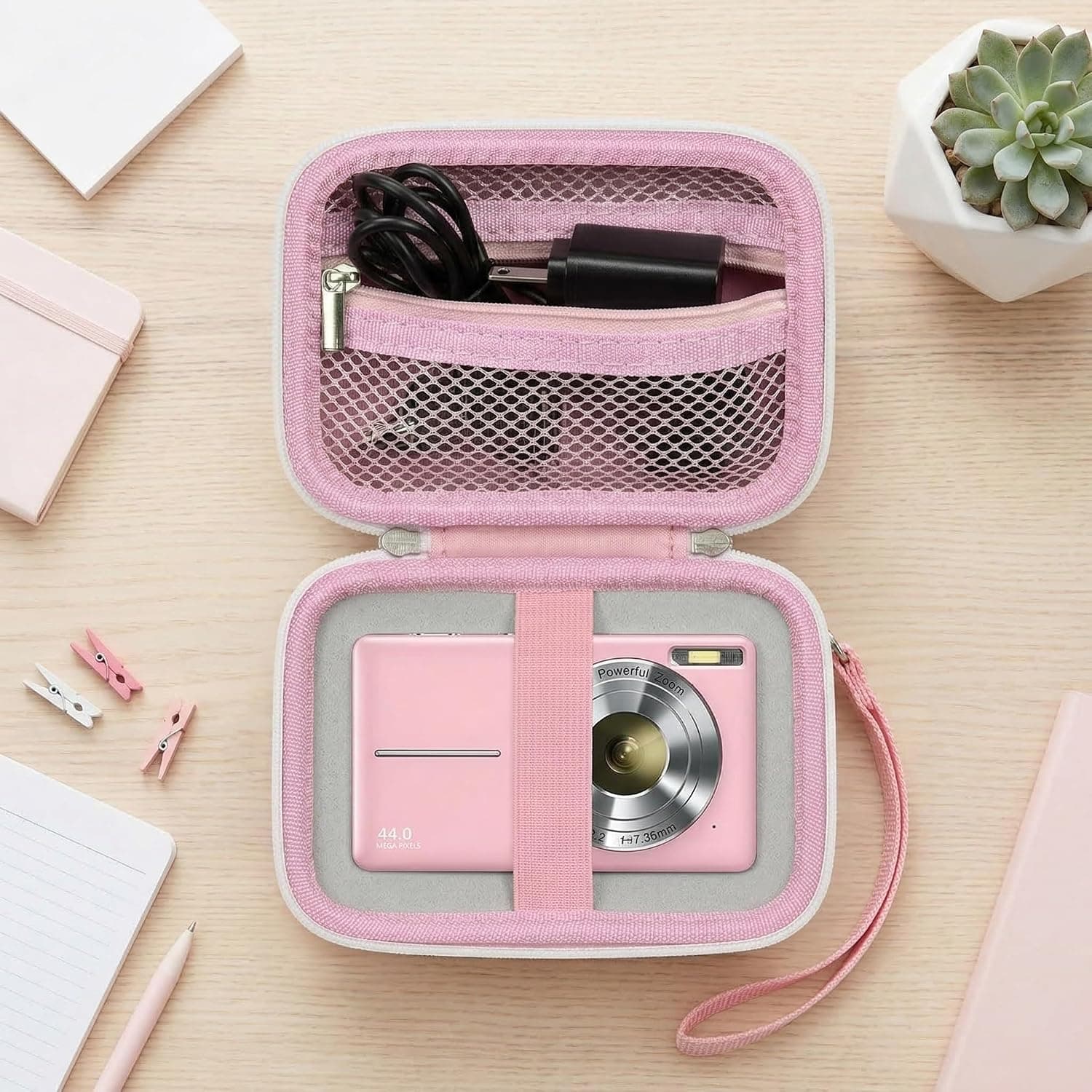 Comecase Digital Camera Case for Kodak PIXPRO FZ55/FZ45/ for CAMKORY, Pink | Hard Case for Lecran/ for VAHOIALD and More, Mesh Pocket&Wrist Strap, Compact for Travel, School and Daily Storage. Case only