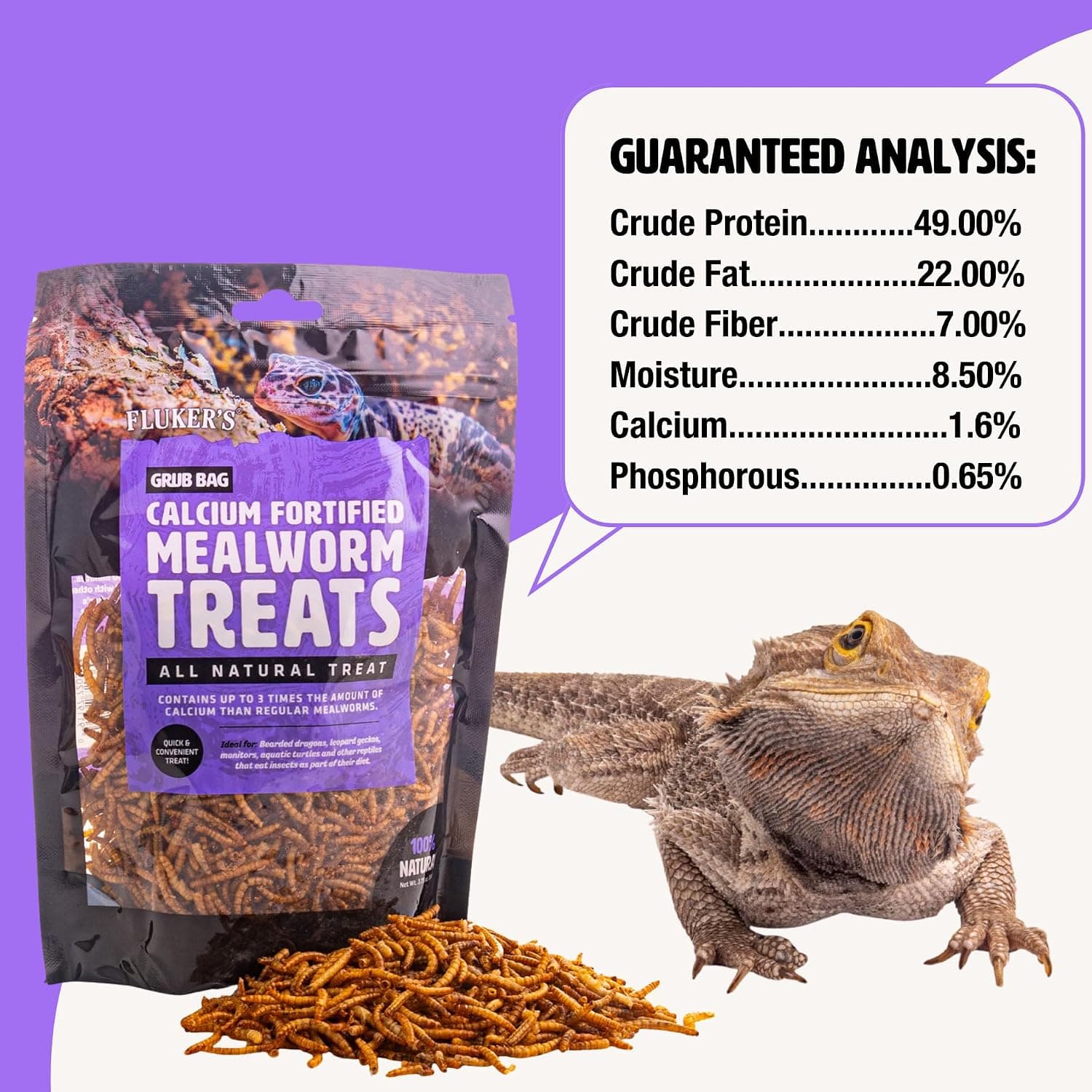 Fluker’s Grub Bag All Natural Calcium Fortified Mealworm Treats, Packed with Protein, Rich in Nutrients, A Reptile Favorite, 3 oz