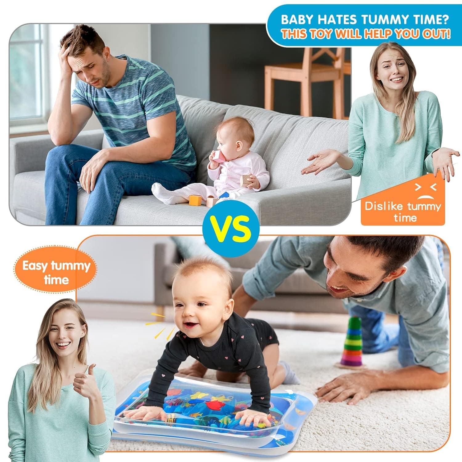 Infinno Inflatable Tummy Time Water Mat, Baby Sensory Toys 3-24 Months | Leakproof play surface, builds neck and core strength, fills and drains fast, portable design, easy travel