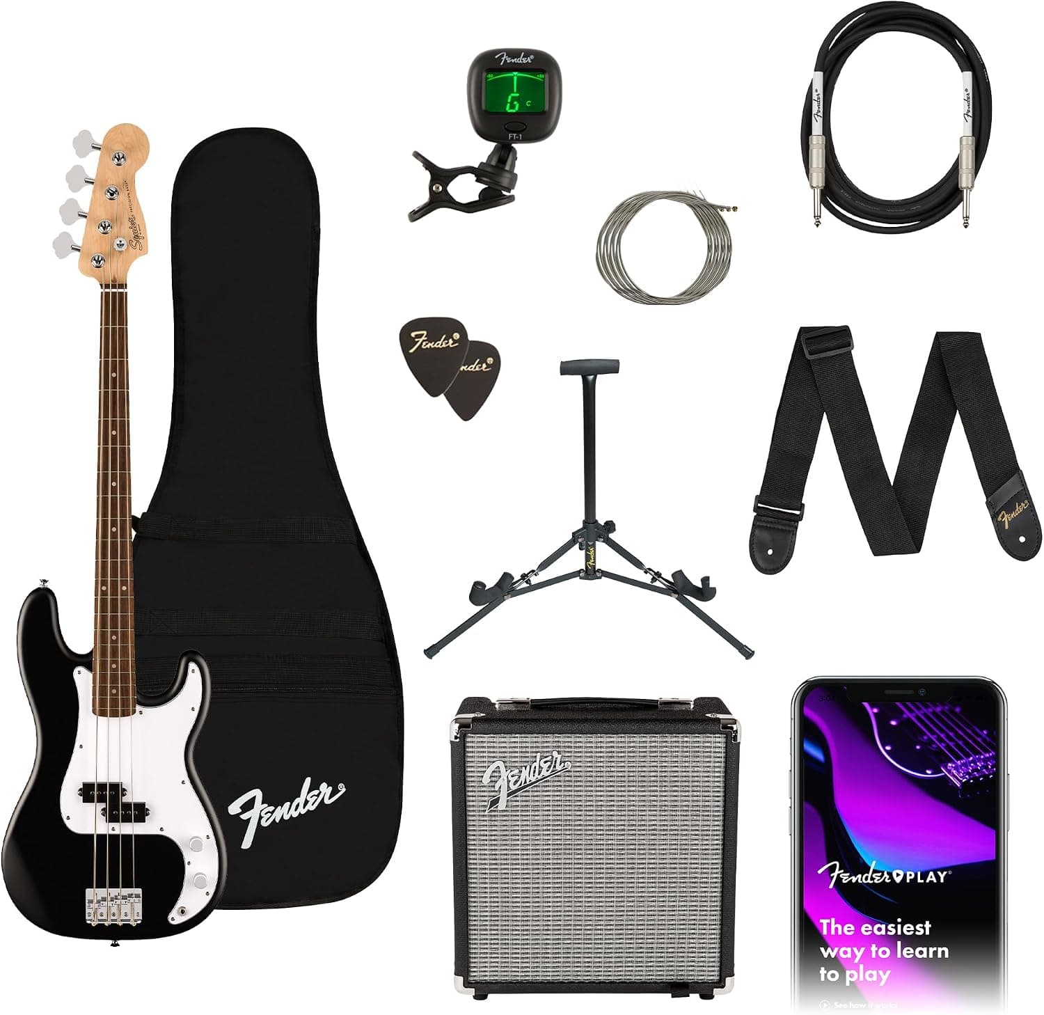 Fender Squier Debut Series Beginner Precision Bass Guitar Kit w/Amp, Black | Includes Rumble 15 amp, padded gig bag, cable, bass guitar starter kit, 2-year warranty, everything included