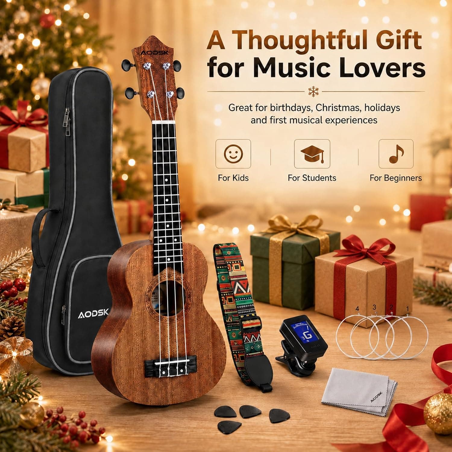 AODSK Soprano Ukulele for Beginner 21 Inch Ukelele Kit with Gig Bag StrapTuner Nylon String 4 Picks Cloth Online Lesson Holiday Gift