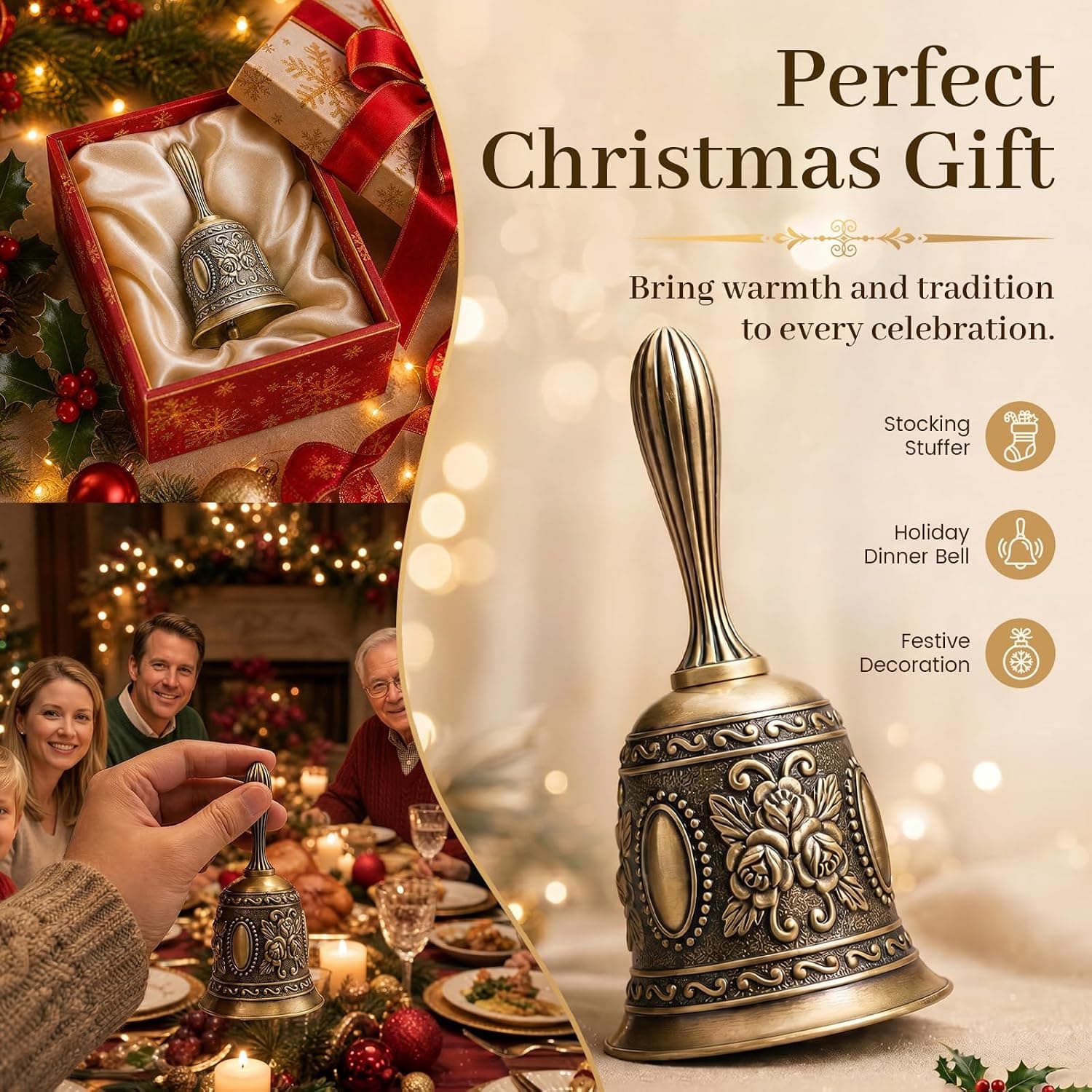 DomeStar Vintage Brass Hand Bell – Loud Call Bell for Bedside, Dinner, Wedding, Christmas & Holiday Party | Dinner, Christmas & Holiday Party