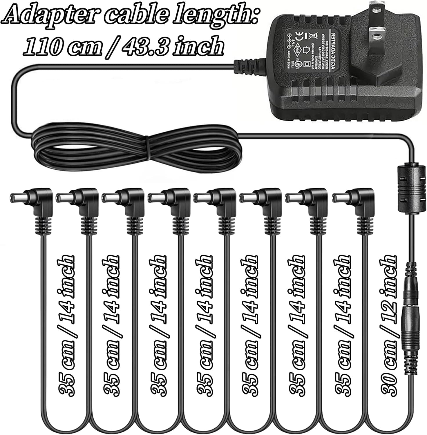 Guitar Pedal Power Supply DC 9V 1A (10mA -1000mA) Center Negative | External Positive Low Noise AC Wall Adapter With 1to8 Way Daisy Chain Cables Power Splitter for Most Guitar Effect Pedals