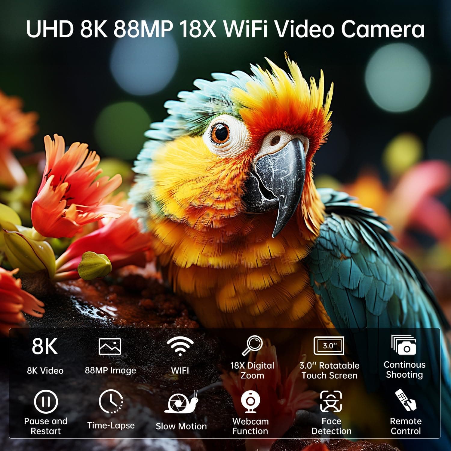 FlyFrost 8K Video Camera 88MP UHD WiFi Vlogging Cameras for YouTube 18X Digital Zoom IR Night Vision 3.0'' Touch Screen Camcorder with Microphone, Lens Hood, Stabilizer, Remote, Two Batteries