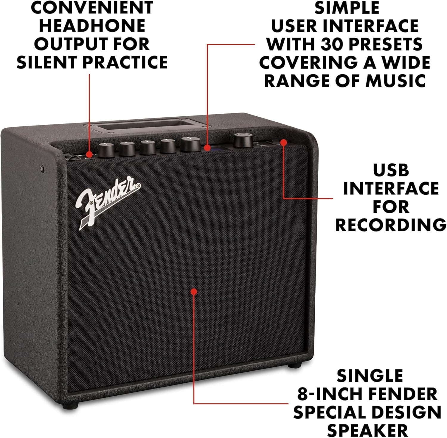 Fender Mustang LT25 Guitar Amplifier, 25-Watt Combo Amp with 8" Speaker | 25 Watt Digital Modeling Combo Amp with 8 Speaker, 30 Presets, Color Display, USB and Headphone Output