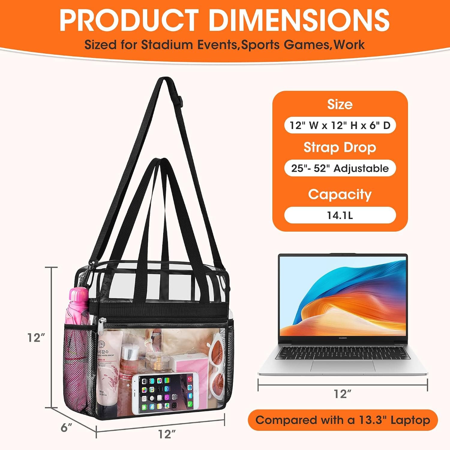 Oraben Clear Tote Bag Clear Bag Stadium Approved 12x6x12 Stadium Bag for Work, Sports Games,Gym