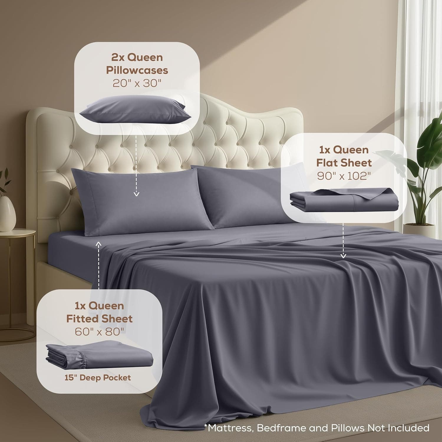 Queen Sheets Set, 4 Pieces 16" Deep Pocket Hotel Luxury Bed Sheets, Grey | Extra Soft Bedsheet Set, Comfy & Breathable Cooling Sheets, Wrinkle & Fade Resistant, Fitted Sheet, Flat Sheet, 2 Pillowcases