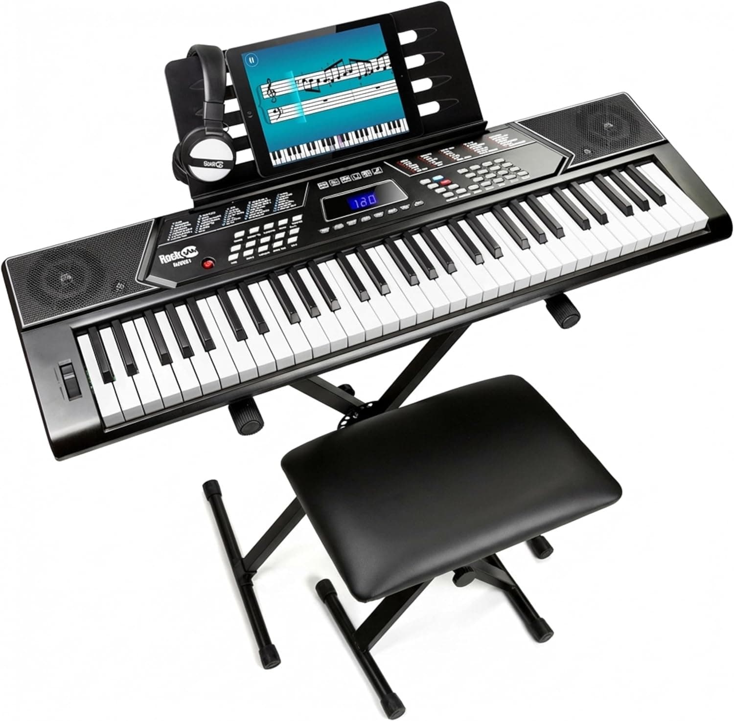 RockJam RJ5061 61 Key Keyboard Piano Kit with Stand, Bench & Headphones | Beginner electric keyboard piano set with pitch bend, LED panel, Simply Piano lessons and note stickers, all included