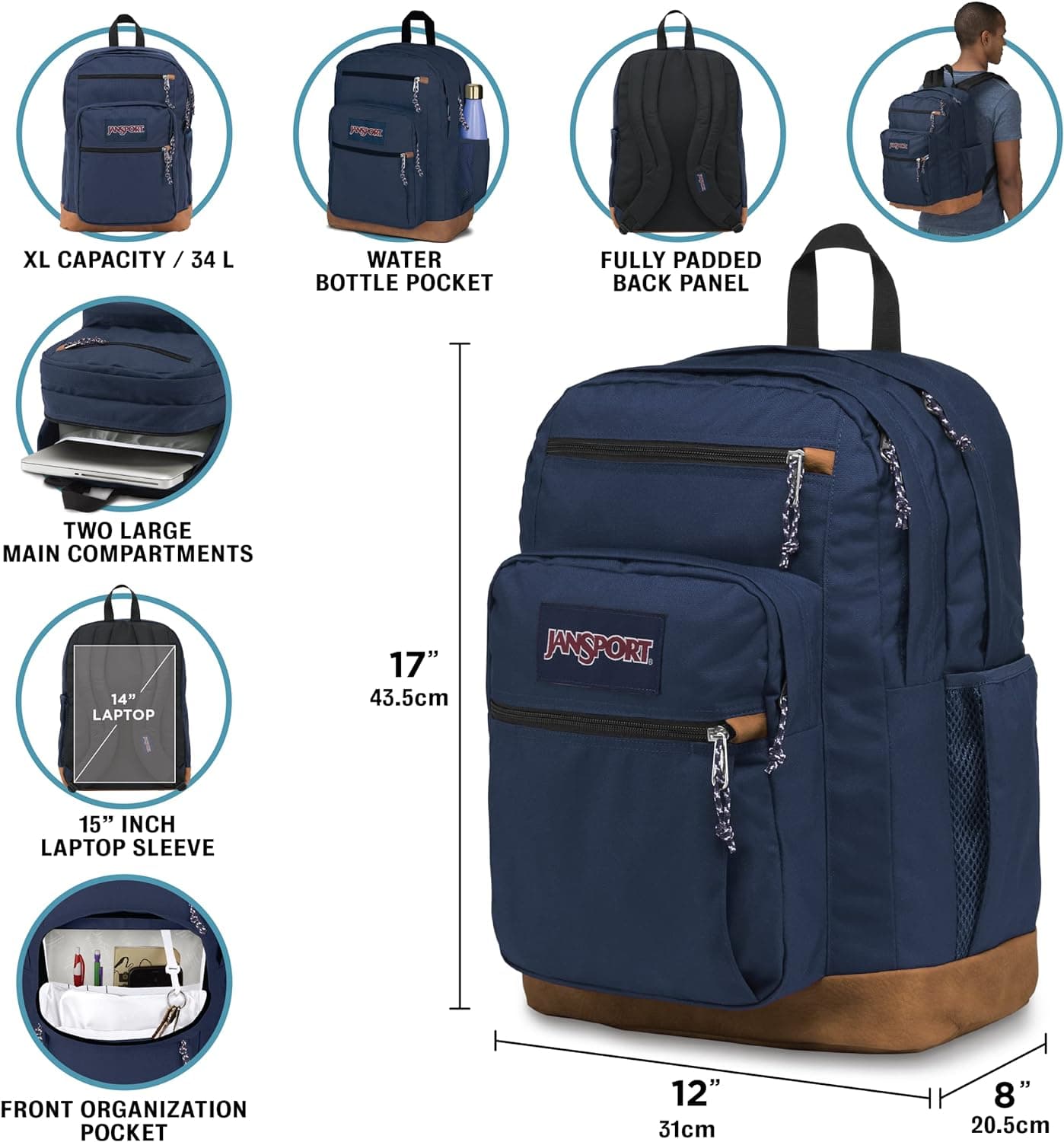 JanSport Cool Backpack, with 15-inch Laptop Sleeve - Large Computer Bag Rucksack with 2 Compartments, Ergonomic Straps, Black | Ergonomic Straps, Waterbottle Pocket, Campus Weekender Travel Rucksack
