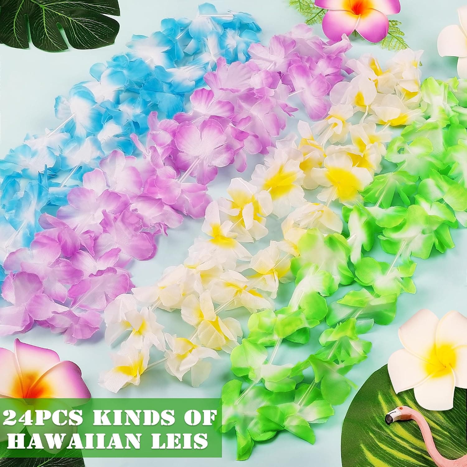 Hawaiian Leis, 24PCS Hawaiian Party Decorations Silk Flower Necklace | Colorful Luau Party Decorations, Tropical Designs Leis, Hula Dance Costume Accessories, Great for Summer Beach & Pool Party