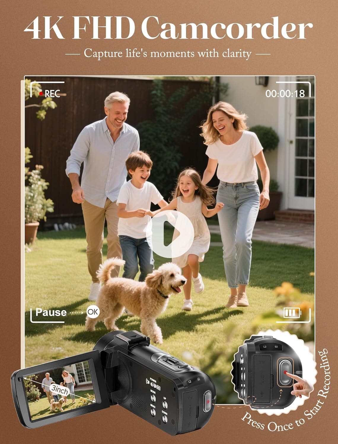 ZYDIIE 4K Video Camera Camcorder UHD 64MP Vlogging Camera for YouTube 18x Digital Zoom 3" 270° Rotation IPS Touchscreen Video Camcorder with Night Vision, Remote Control, 32GB Card, 2 Batteries