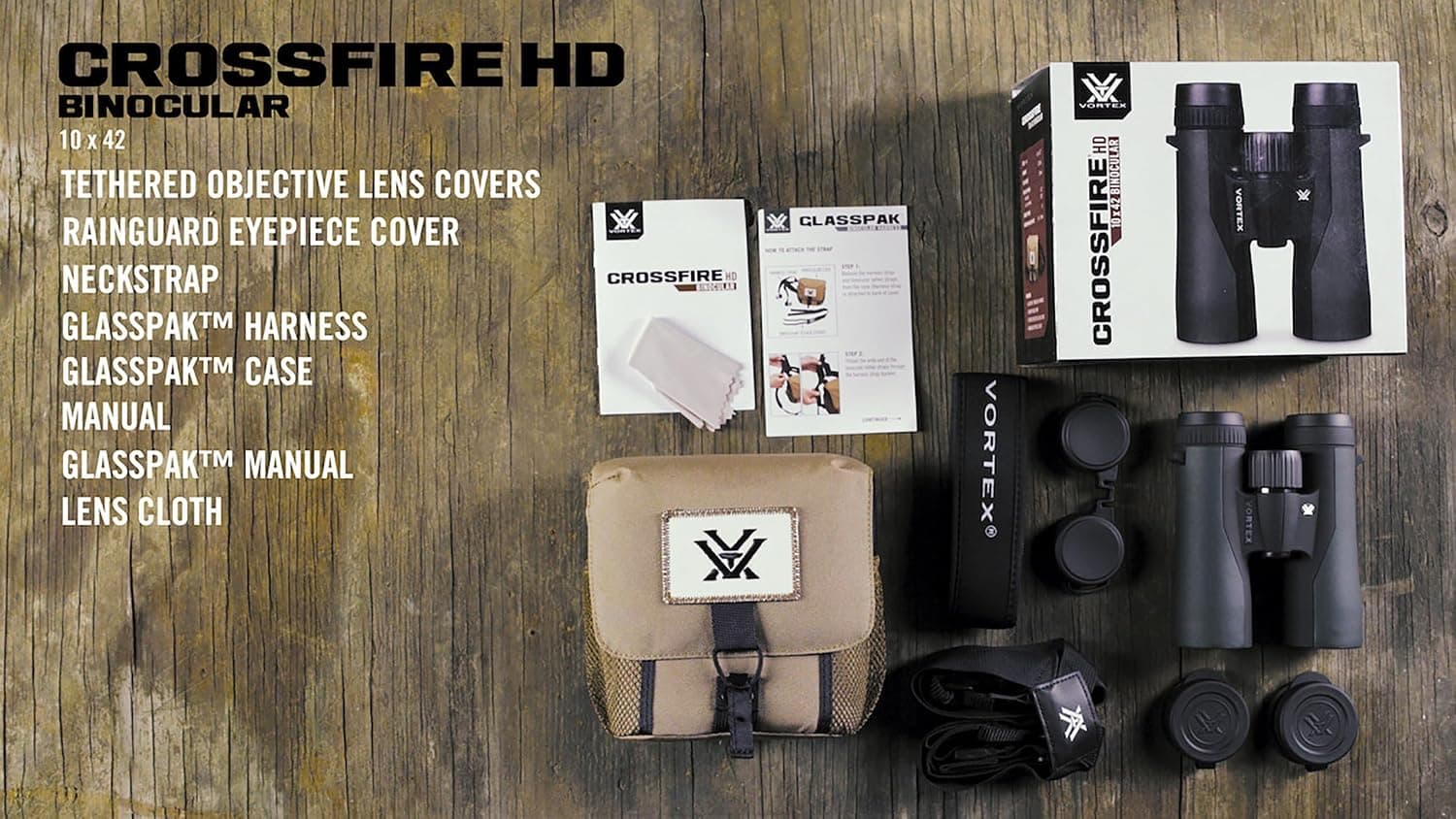 Vortex Crossfire HD 10x42 Binoculars | HD Optics, Tripod Adaptable, Waterproof, Fogproof, Shockproof, Included GlassPak Harness - Unlimited, Unconditional Warranty