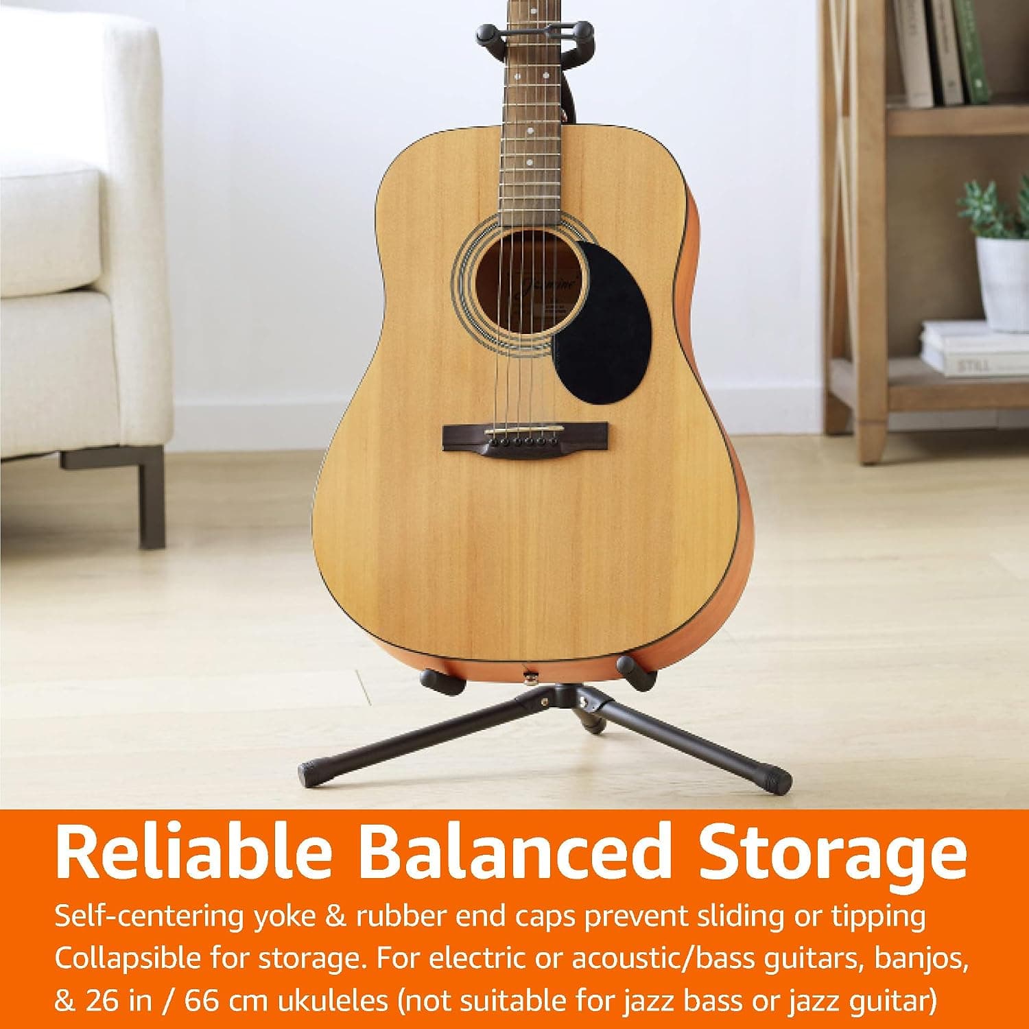 Amazon Basics Height Adjustable Foldable Guitar Stand with Secure Support, Padded Non-Slip Floor Stand for Acoustic, Electric, Bass and Banjos, Portable Display Stand, Black