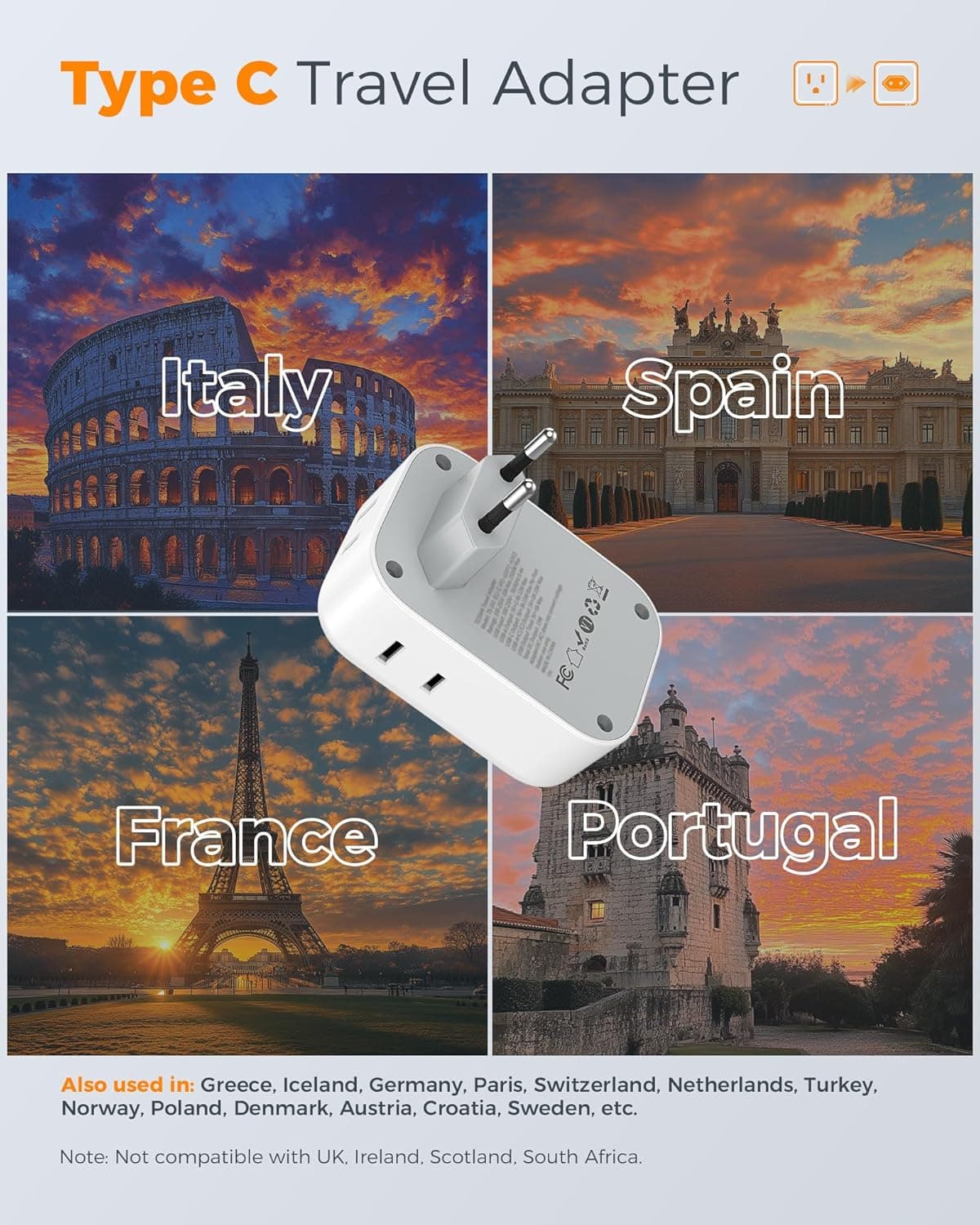 TESSAN 2 Pack European Travel Plug Adapter, Europe Power Converter | 4 Outlets 3 USB (1 USB C PD 20W), Type C International Plug, For Italy Spain France Portugal Iceland Germany