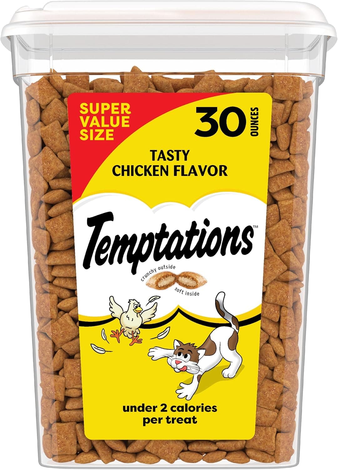 Temptations Classic Crunchy and Soft Cat Treats, Tasty Chicken, 30 oz | Under 2 calories per treat, crunchy outside & soft inside, resealable tub, use as meal or topper, 100% complete & balanced