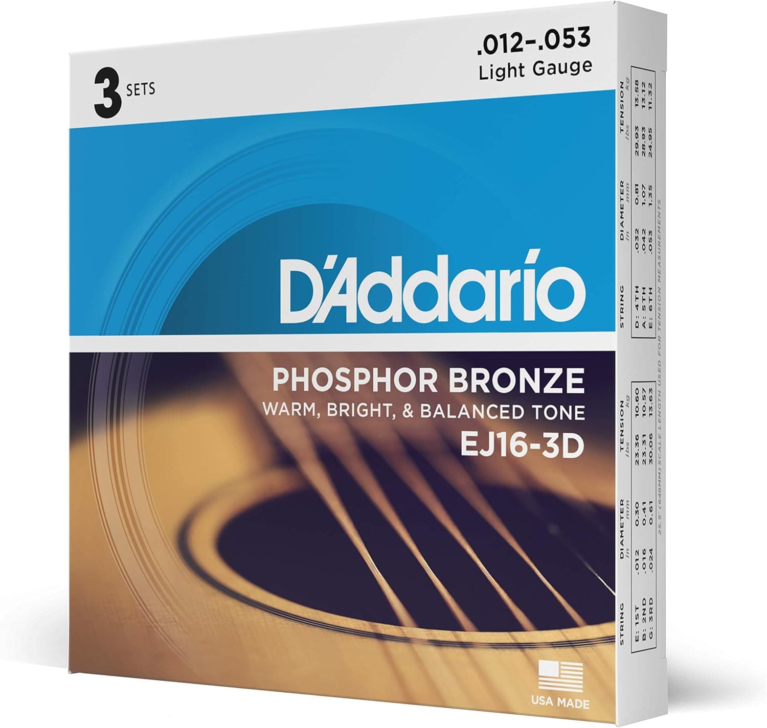 D'Addario EJ16-3D Phosphor Bronze Acoustic Guitar Strings 12-53, 3 Sets | Phosphor bronze acoustic guitar strings offer warm, bright, balanced tone, reliable intonation, durable feel and playability.