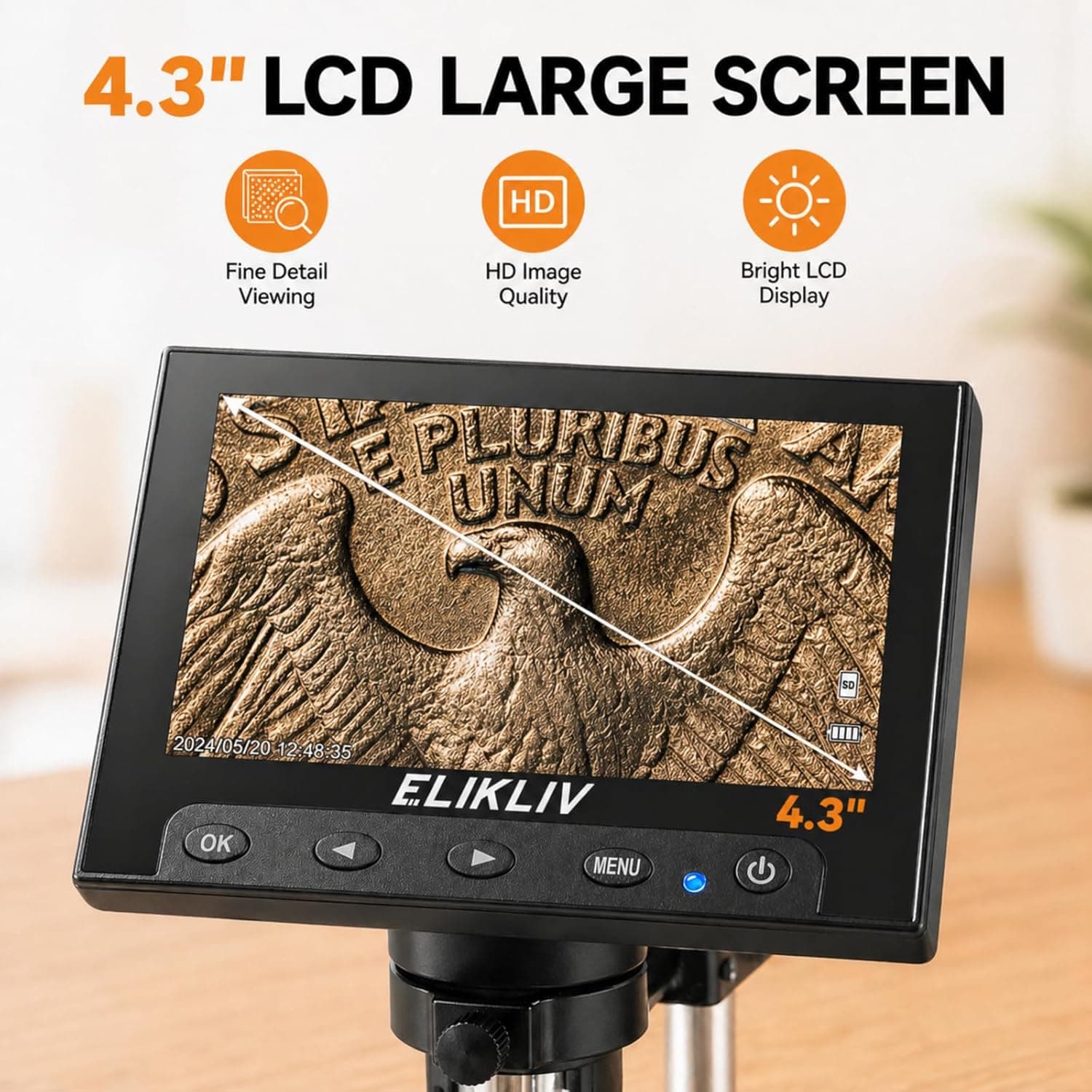 Elikliv Microscope, LCD Digital Coin Microscope 1000x, Coin Magnifier with 8 Adjustable LED Lights, PC View Compatible with Windows/MacBook, EDM4, 4.3-Inch