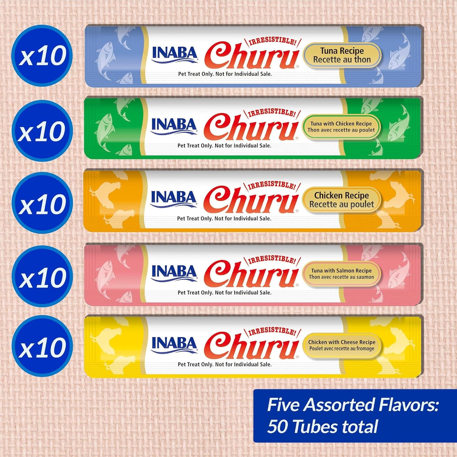 INABA Churu Cat Treats, Lickable, Squeezable Creamy Purée Cat Treat with Green Tea Extract & Taurine, 0.5 Ounces Each Tube, 50 Tubes, Tuna & Chicken Variety