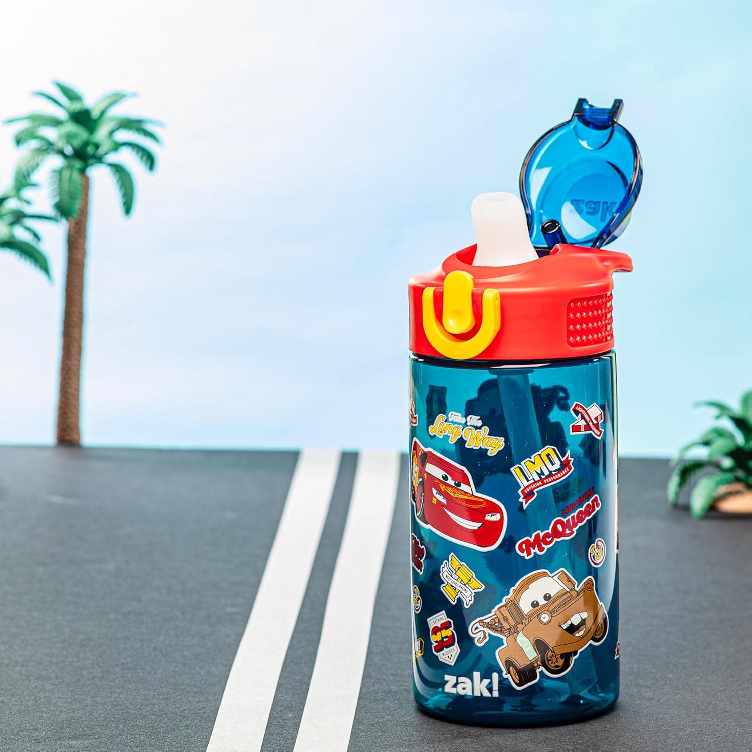 Zak Designs Disney Pixar Cars Sage 16oz Leak-Proof Straw Kids Water Bottle | BPA Free, Durable Plastic, Cupholder Friendly, Dishwasher Safe, Easy to Clean, Lid Lock, Handle, For School, Home, Travel