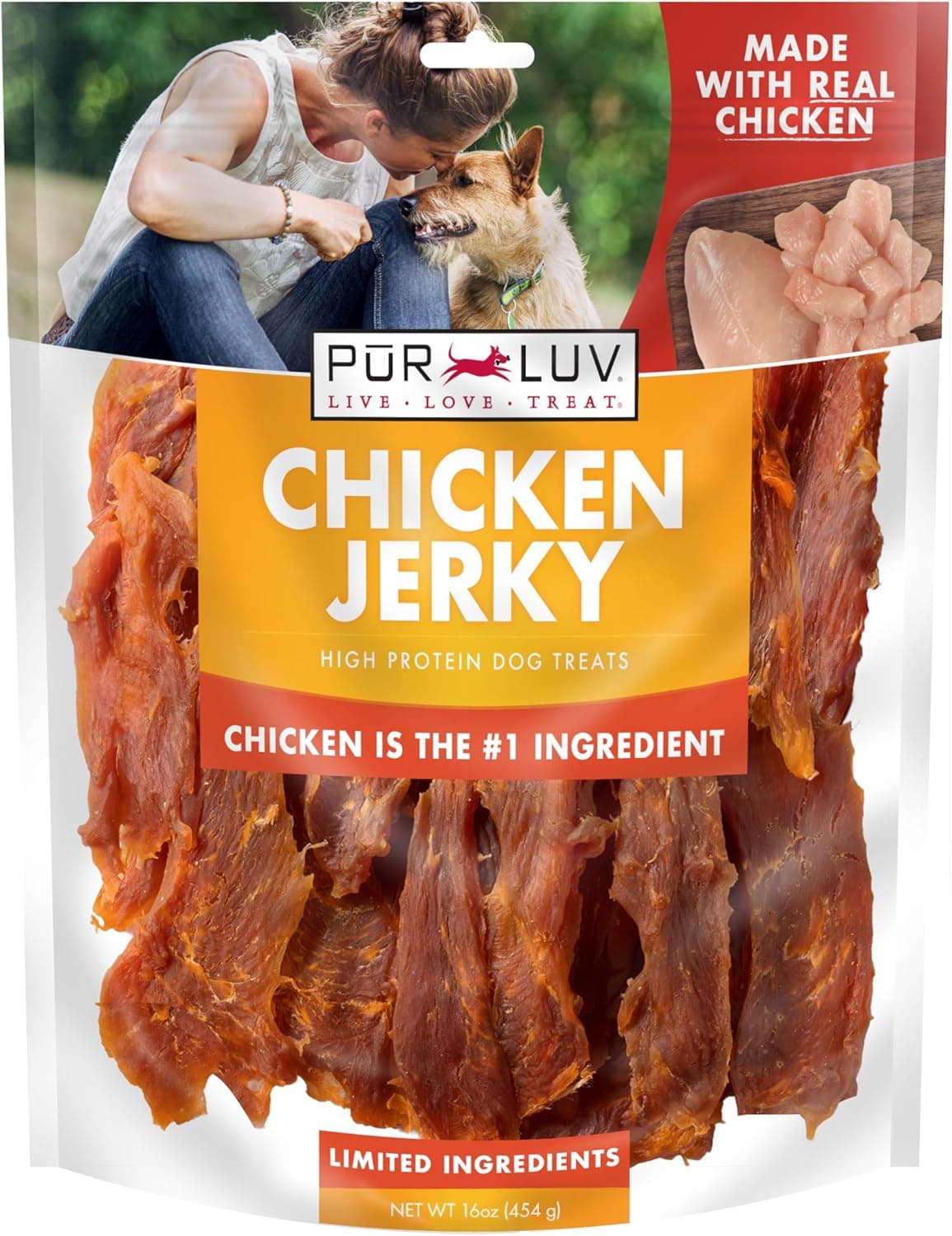 Pur Luv Chicken Jerky Dog Treats, Made with 100% Real Chicken Breast, 16 Ounces, Healthy, Easily Digestible, Long-Lasting, High Protein, Satisfies Dog's Urge to Chew | 3-ingredient jerky: whole-muscle chicken breast, 12g protein/treat; no dyes, fillers or artificial flavors