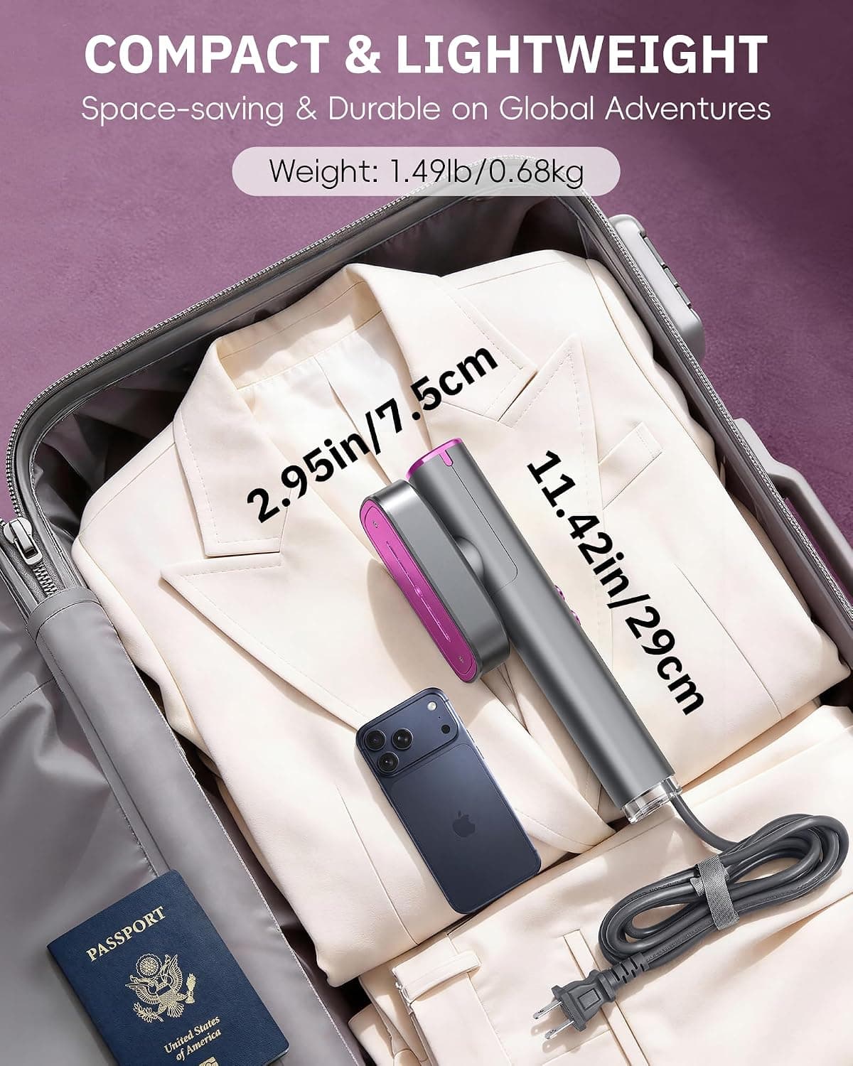 OGHom Steamer for Clothes, 110-240V Travel Steamer & Iron 2 in 1, 1000W Powerful Steam, Portable Handheld Garment Wrinkle Remover, 30s Fast Heat-Up with Dry & 2-Steam Control, for Global & Europe