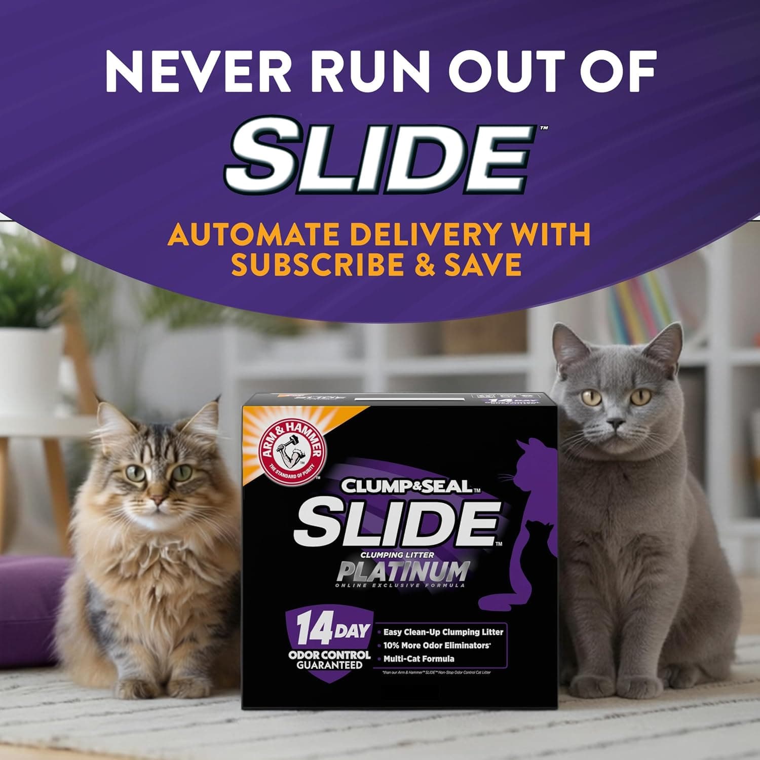 ARM & HAMMER Slide Platinum Easy Clean-Up Clumping Cat Litter, 18 lbs | 24/7 Odor Control, Triple-Action Freshness, Non-Stick, Easy Clean Up, Low Tracking, Multi-Cat Formula, Scented