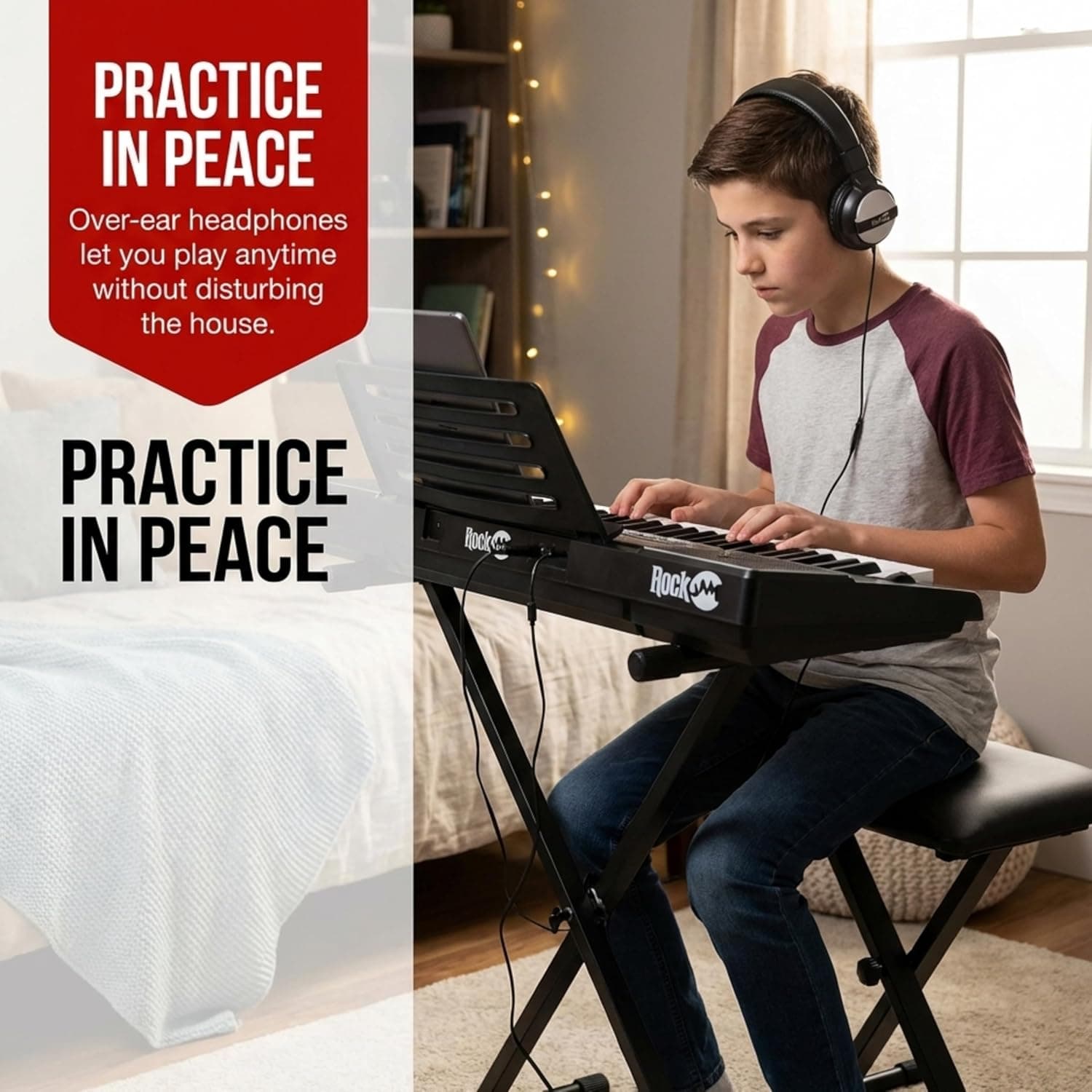 RockJam RJ5061 61 Key Keyboard Piano Kit with Stand, Bench & Headphones | Beginner electric keyboard piano set with pitch bend, LED panel, Simply Piano lessons and note stickers, all included
