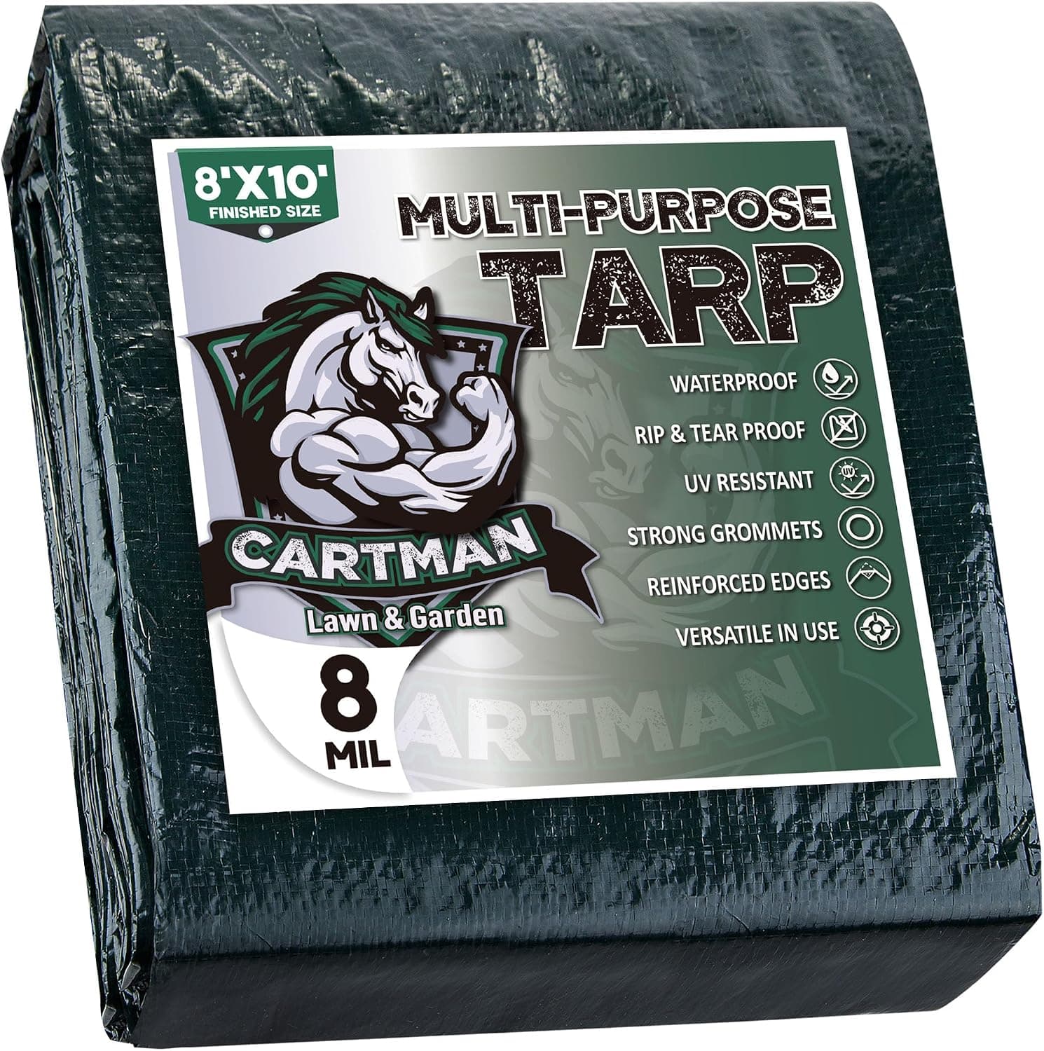 CARTMAN 8x10Ft Multipurpose Waterproof Poly Tarp Cover 8 Mil, Green | Reinforced edges, metal grommets every 36in, 10x10 weave, fits camping, emergency shelter, outdoor gear & cargo protection