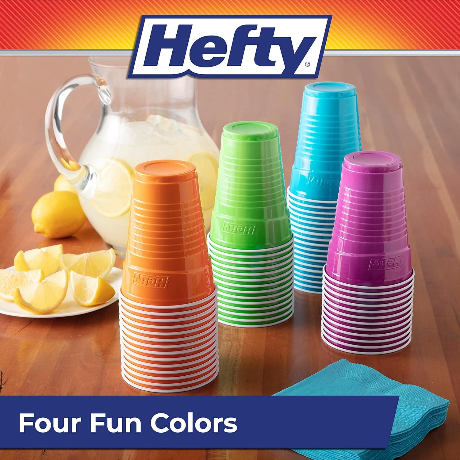 Hefty Party On Disposable Plastic Cups, Assorted, 16 Ounce, 100 Count | Bulk Pack, Disposable Plastic Cups for Parties, 4 Fun Colors, Easy-to-Grip Design, Ideal for Large Tailgates, BBQs, Birthdays
