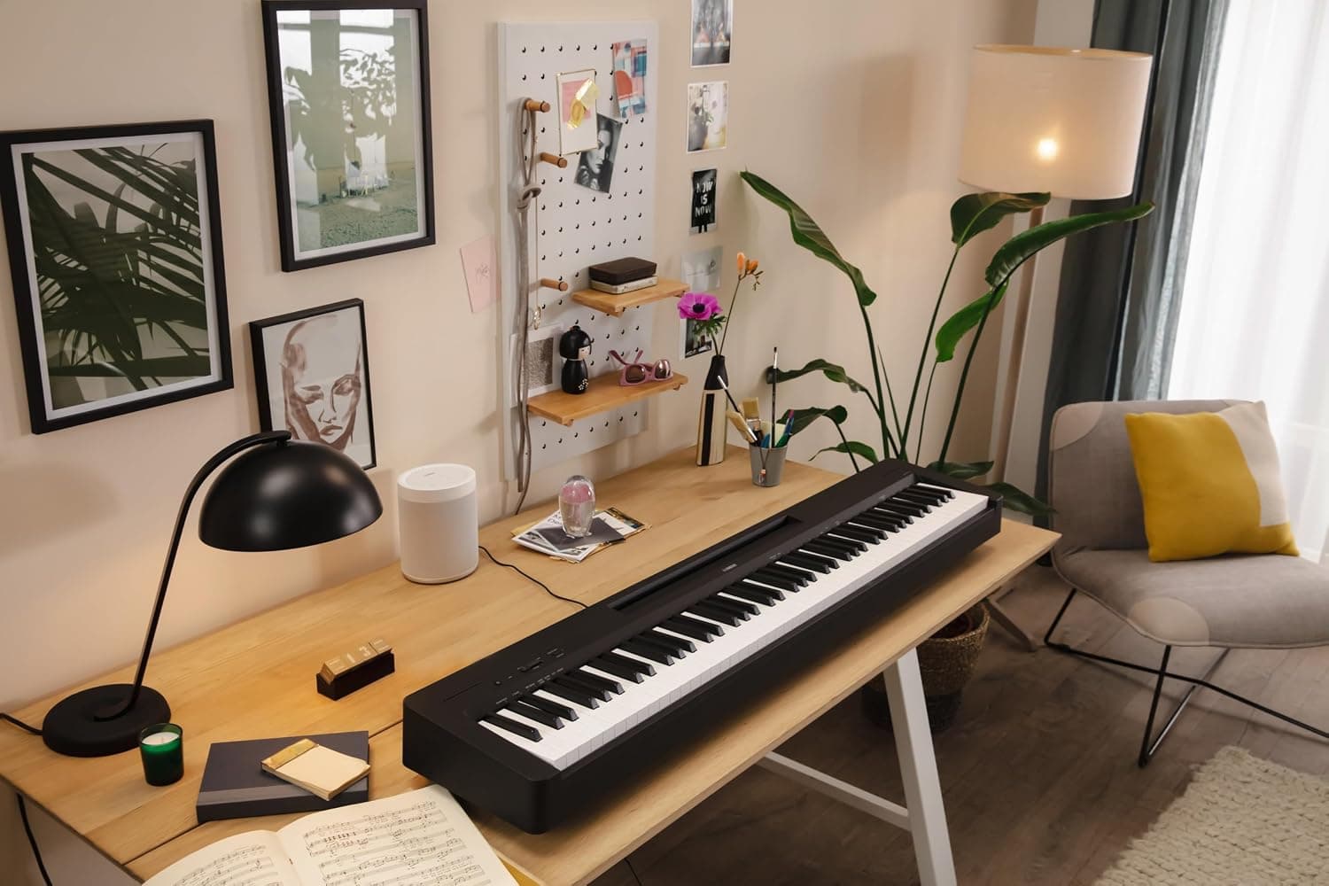 Yamaha 88-Key Digital Piano with Weighted Keys, Compact Design, Bluetooth, Keyboard, Music Rest, Sustain Foot Switch, and Built-in Speakers for Home Practice or Travel P145BT