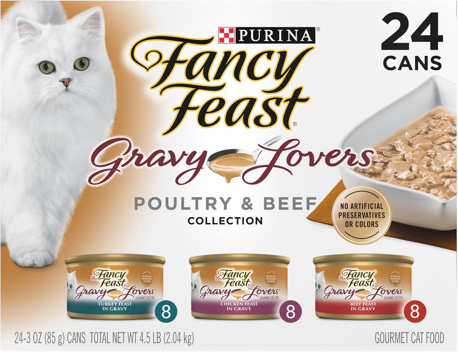 Purina Fancy Feast Gravy Lovers, Poultry & Beef Wet Cat Food, 3oz, 24-Pack | Variety Pack, grilled gourmet texture made with no artificial colors or preservatives, 100 percent complete and balanced