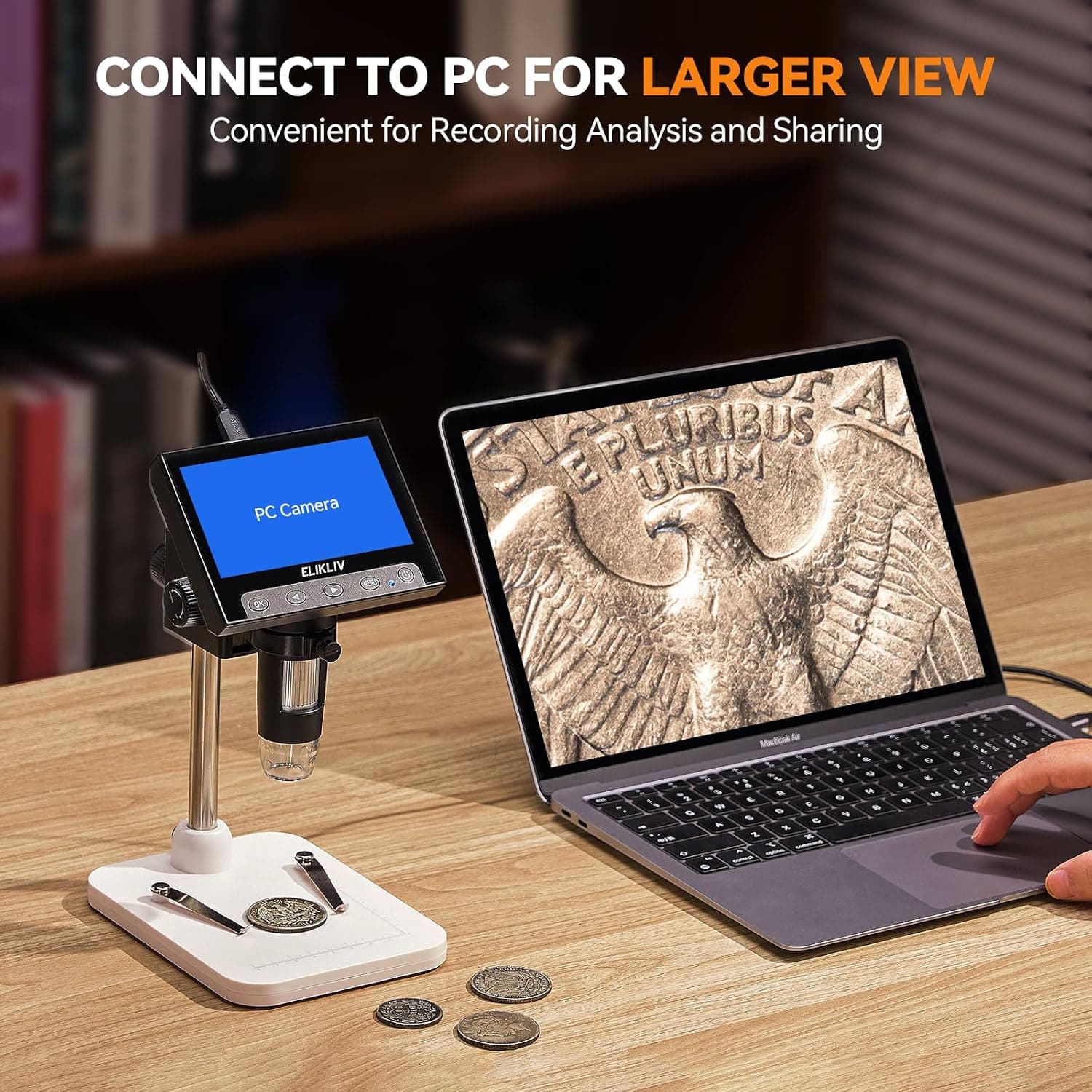 Elikliv Microscope, LCD Digital Coin Microscope 1000x, Coin Magnifier with 8 Adjustable LED Lights, PC View Compatible with Windows/MacBook, EDM4, 4.3-Inch