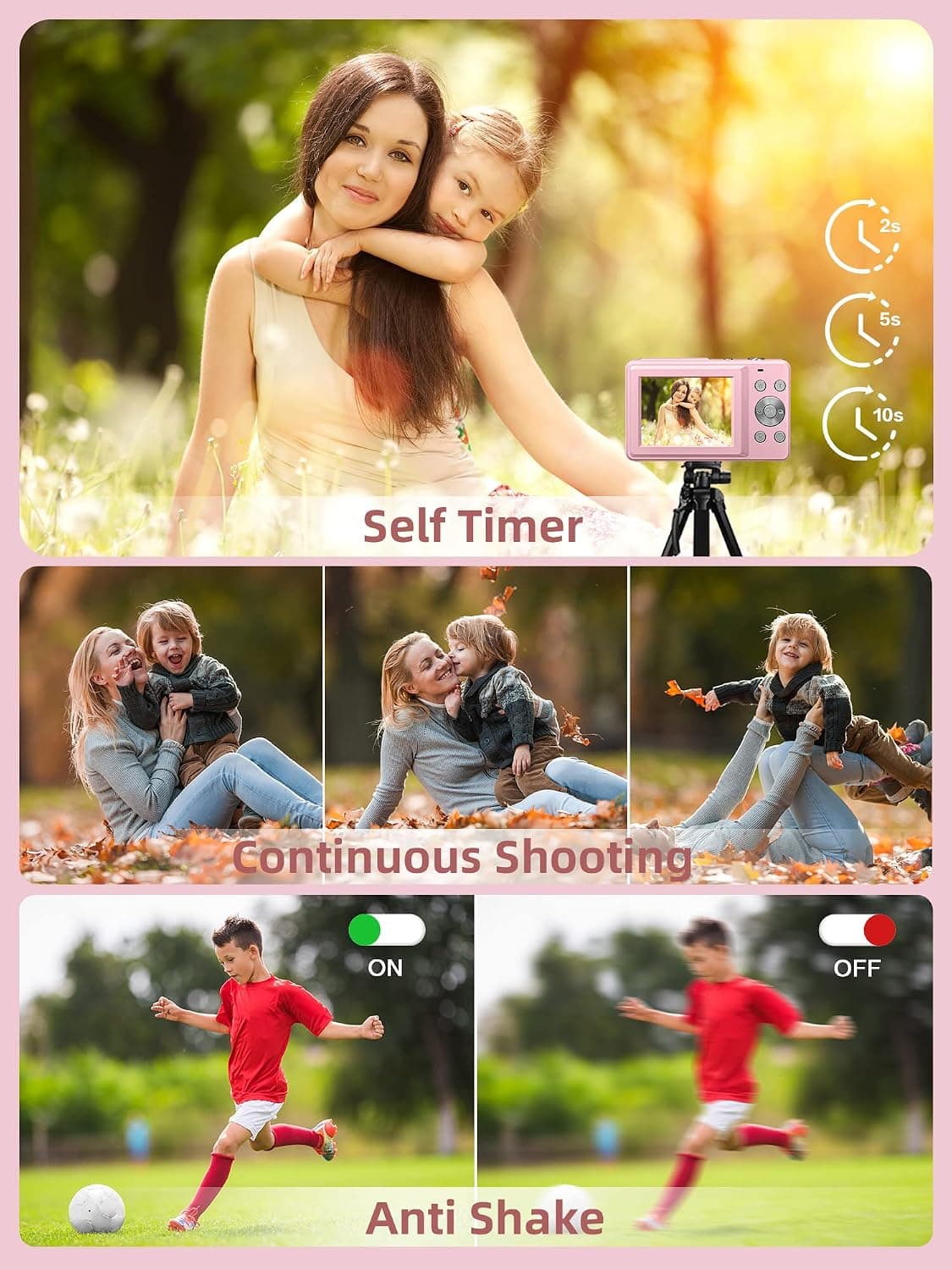 Digital Camera FHD 1080P with 32G Card 16X Zoom & Flash Easy for Kids Pink | Compact camera with anti-shake, Includes 2 batteries & charger. Perfect for parties, trips, birthdays gift from parents.