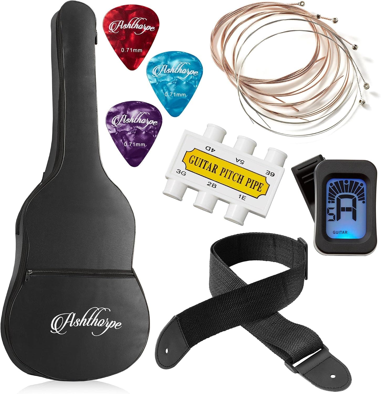 Ashthorpe 38-inch Beginner Acoustic Guitar (Black), Starter Kit with Gig Bag, Extra Strings, Strap, Picks, and Lessons