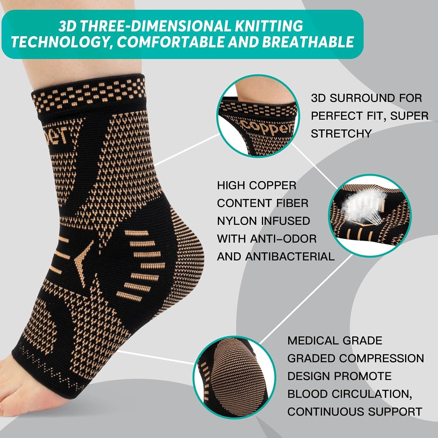 Ankle Brace for Women & Men, Ankle Compression Sleeve Support Copper Infused Ankle Brace for Sprained Ankle, Plantar Fasciitis Sports, Achilles Tendonitis Pain Relief, Copper Black, M