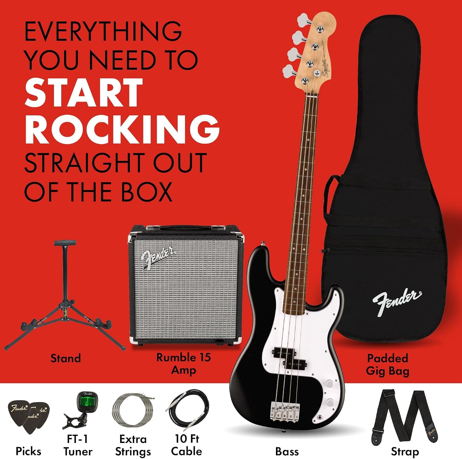 Fender Squier Debut Series Beginner Precision Bass Guitar Kit w/Amp, Black | Includes Rumble 15 amp, padded gig bag, cable, bass guitar starter kit, 2-year warranty, everything included