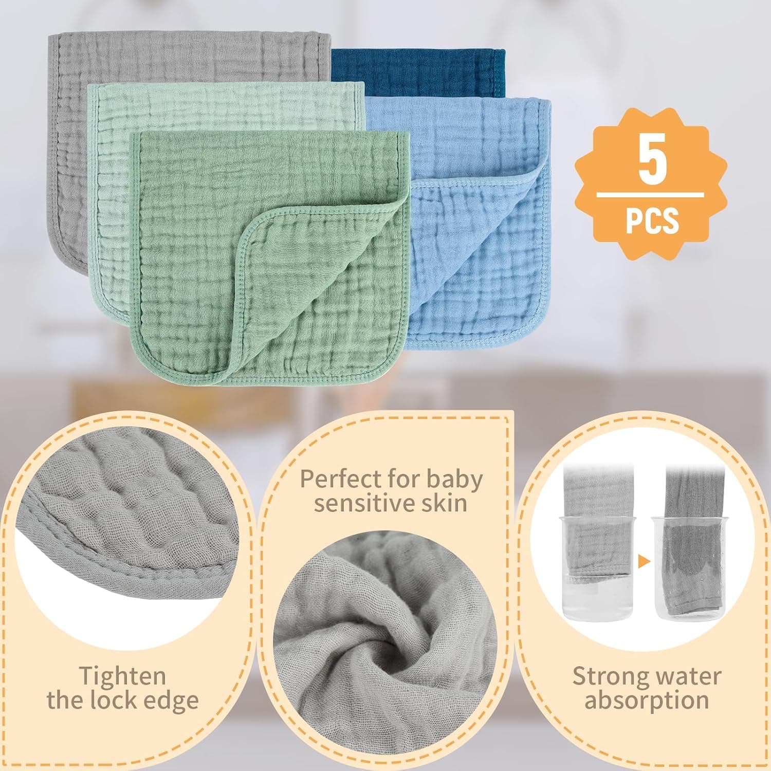 MIGIOL Baby Burp Cloths 100% Cotton Newborn Muslin Burp Cloths 10x20 inches Baby Essentials Blue & Green 5-Pack