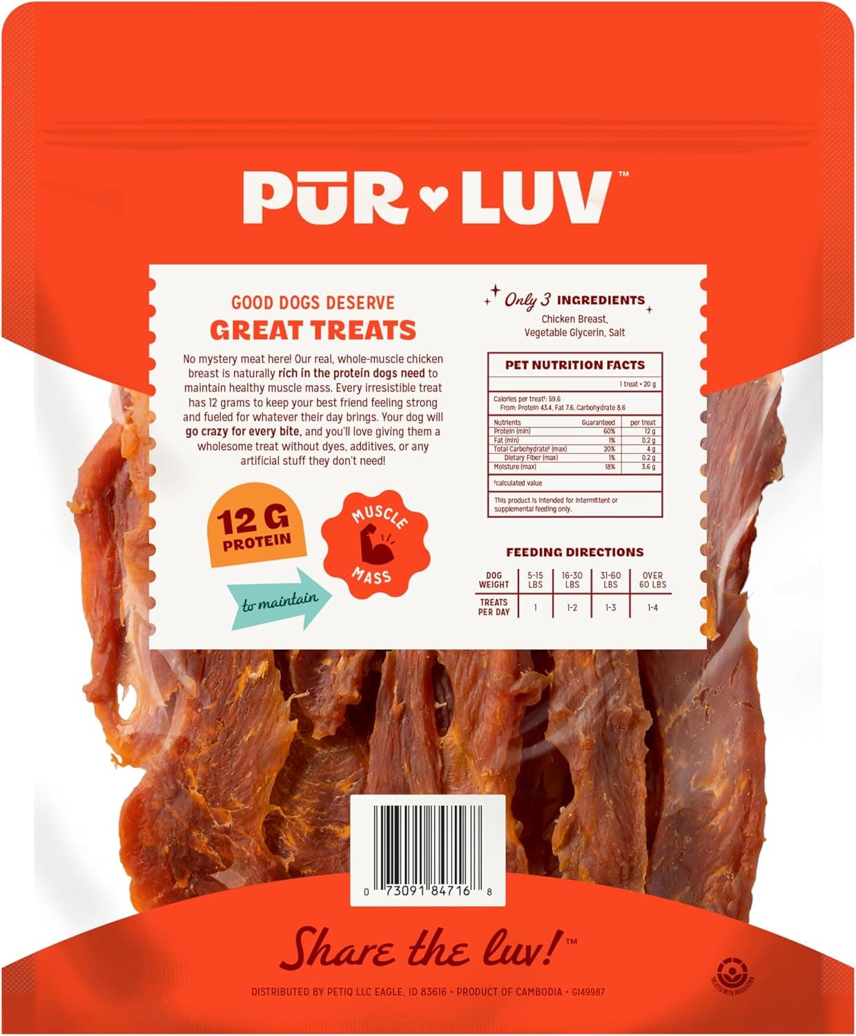Pur Luv Chicken Jerky Dog Treats, Made with 100% Real Chicken Breast, 16 Ounces, Healthy, Easily Digestible, Long-Lasting, High Protein, Satisfies Dog's Urge to Chew | 3-ingredient jerky: whole-muscle chicken breast, 12g protein/treat; no dyes, fillers or artificial flavors