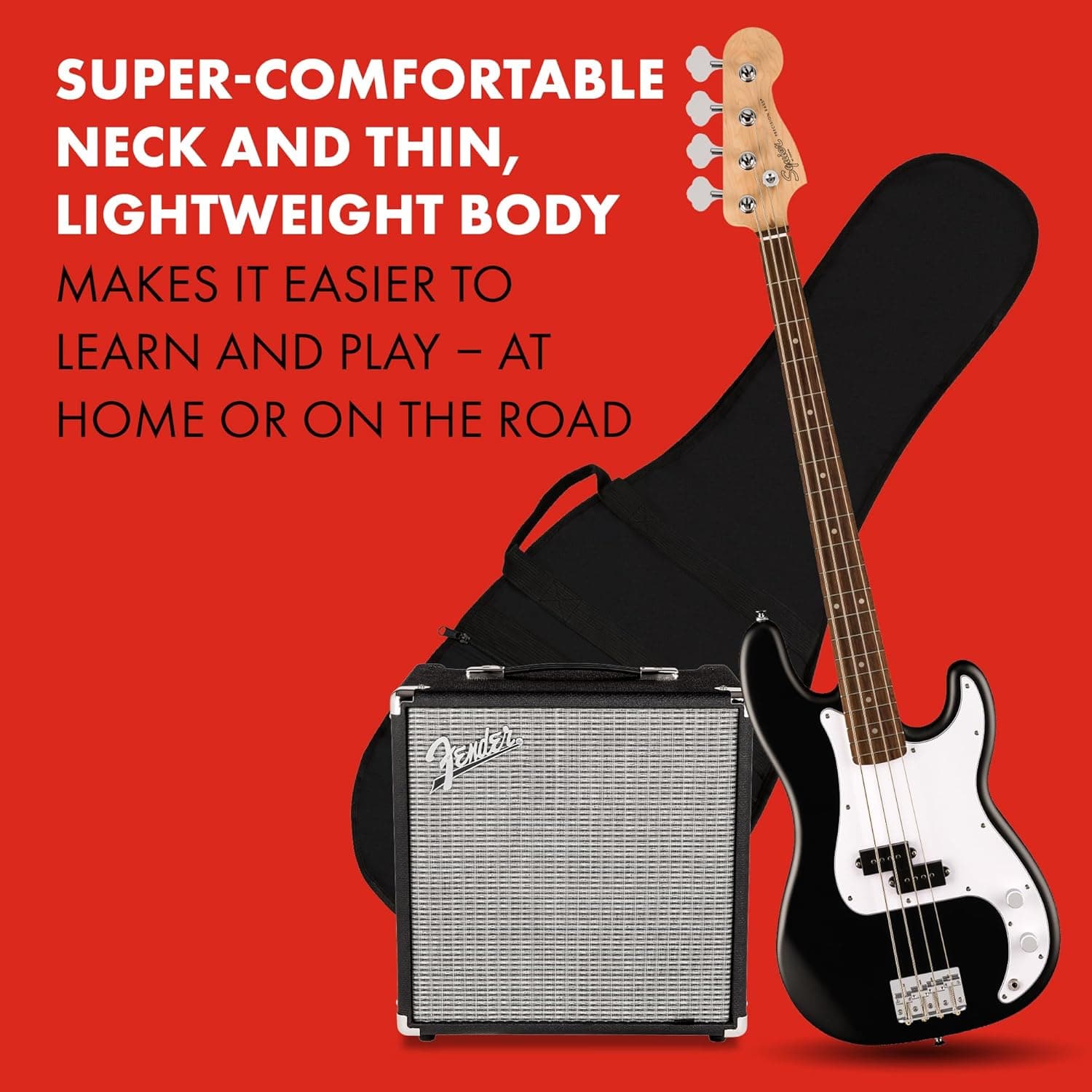 Fender Squier Debut Series Beginner Precision Bass Guitar Kit w/Amp, Black | Includes Rumble 15 amp, padded gig bag, cable, bass guitar starter kit, 2-year warranty, everything included