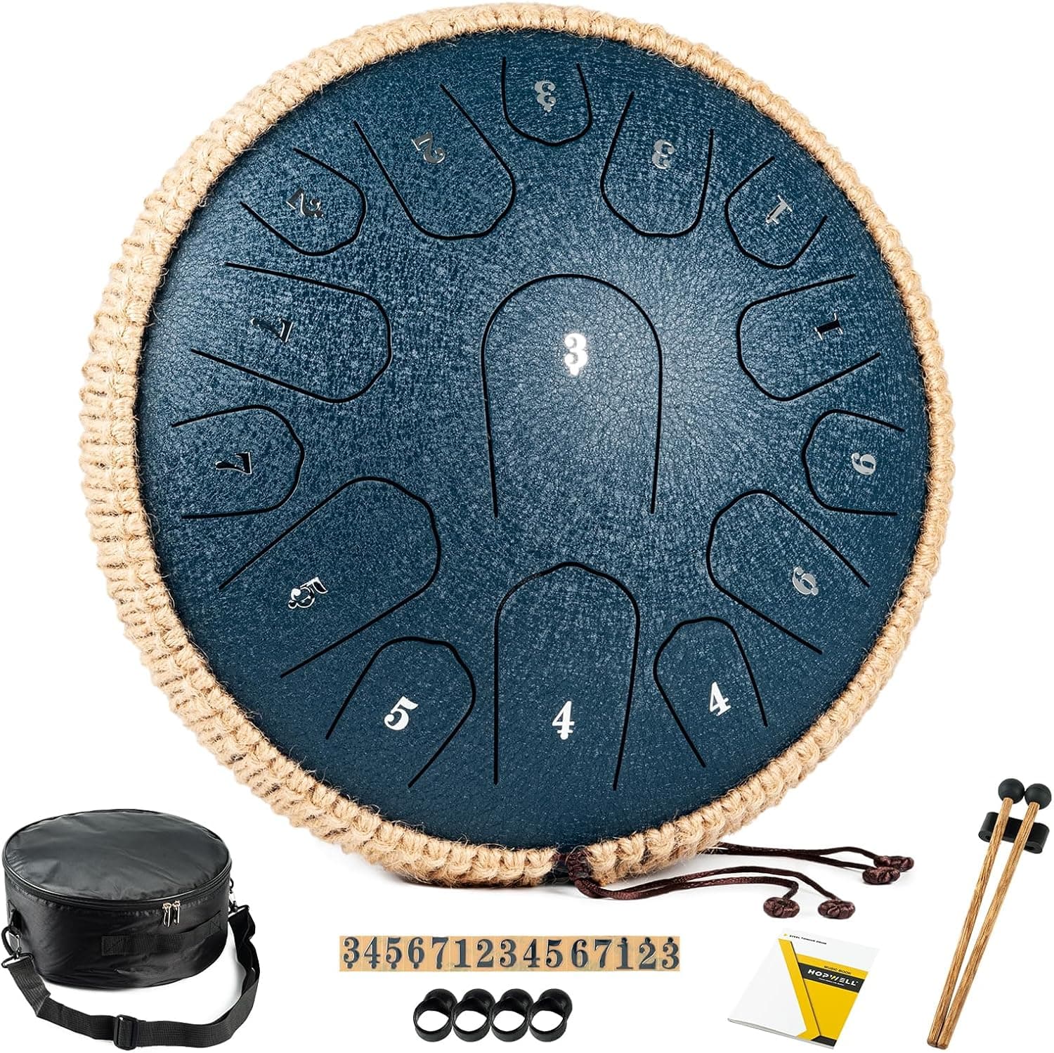 HOPWELL Steel Tongue Drum - 13 Inches 15 Notes Tongue Drum - Hand Pan Drum with Music Book, Handpan Drums Mallets and Carry Bag, D Major (Navy Blue)