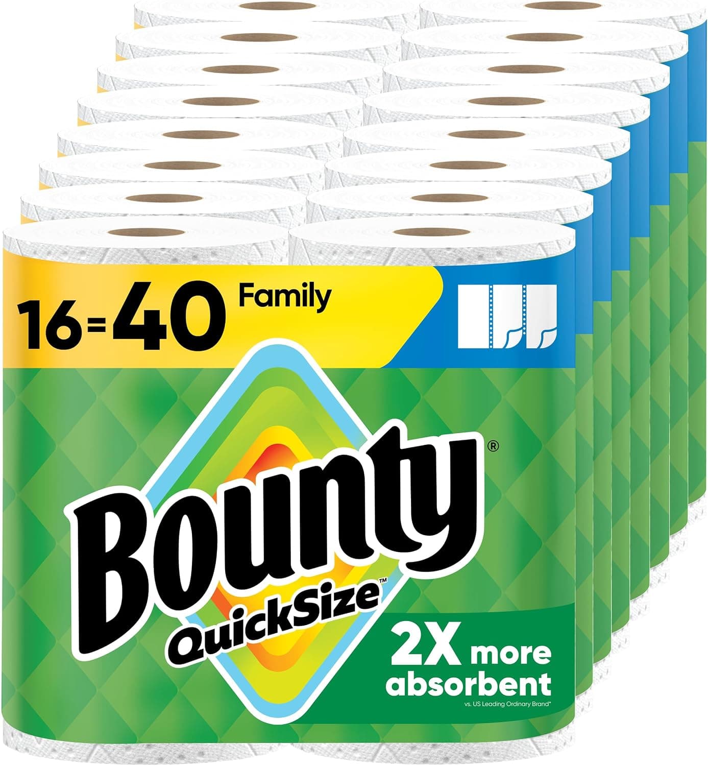 Bounty Paper Towels Quick Size, White, 16 Family Rolls = 40 Regular Rolls