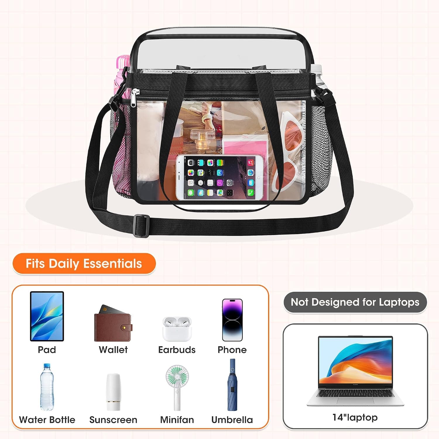 Oraben Clear Tote Bag Clear Bag Stadium Approved 12x6x12 Stadium Bag for Work, Sports Games,Gym