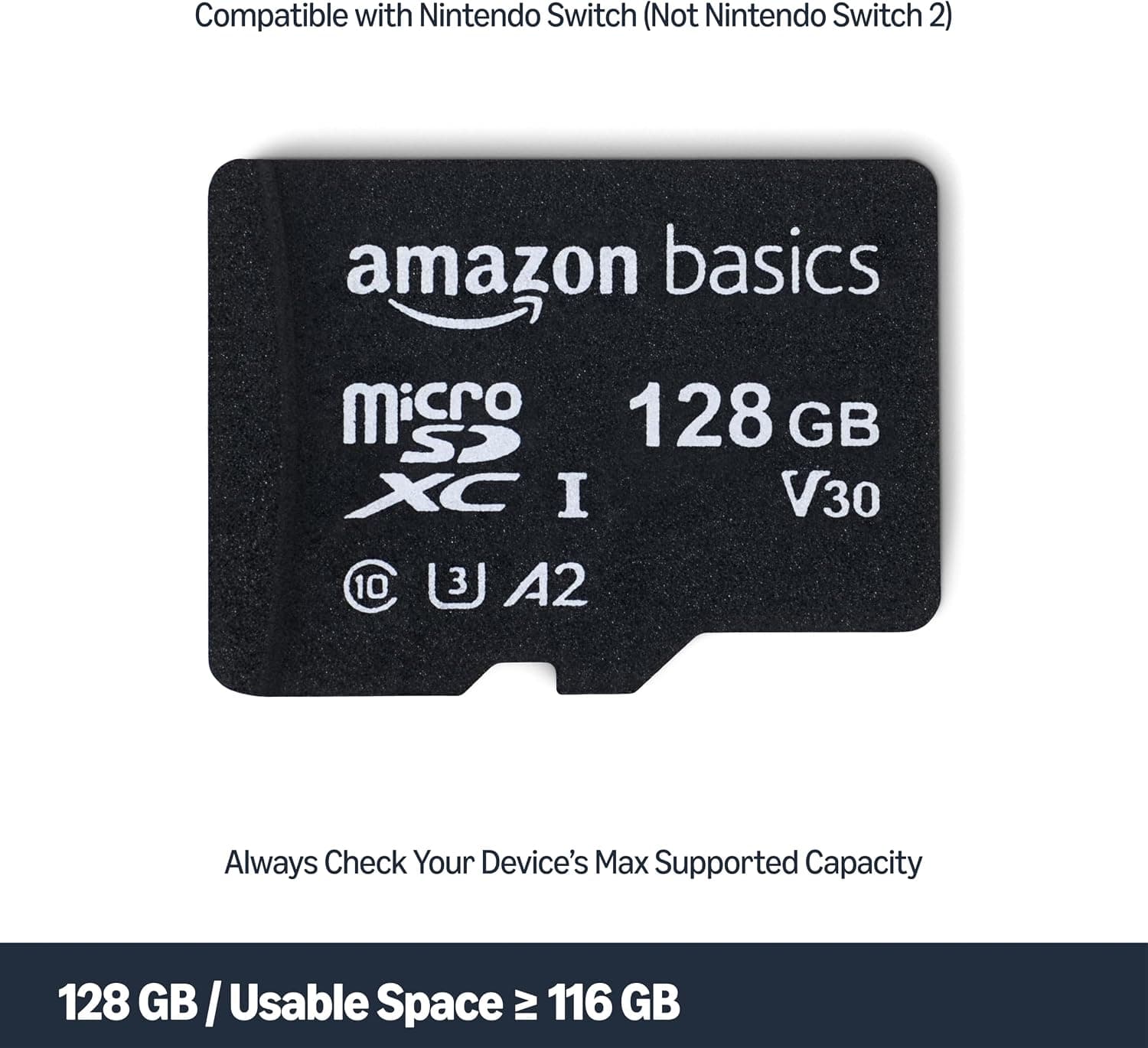 Amazon Basics microSDXC Memory Card with Full Size Adapter, A2, U3, Read Speed up to 100 MB/s, 128GB, Black