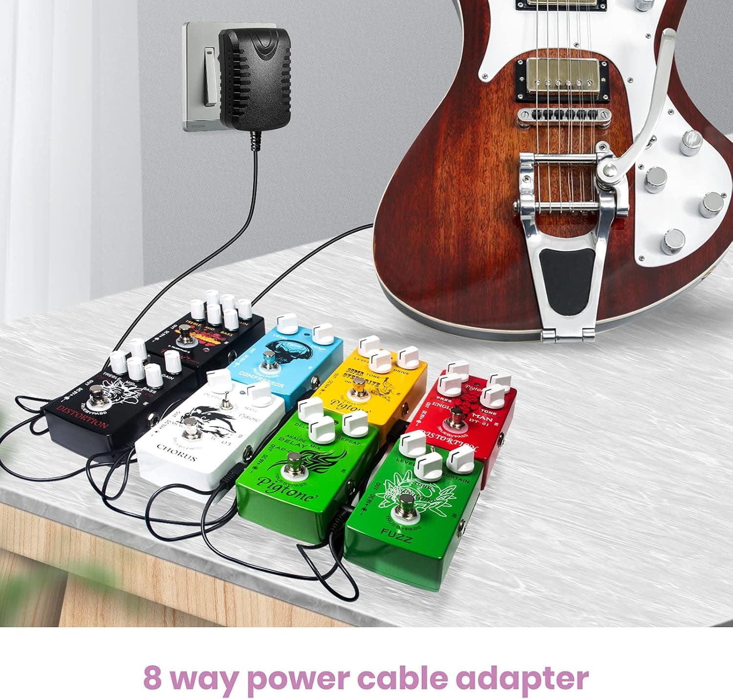 Guitar Pedal Power Supply DC 9V 1A (10mA -1000mA) Center Negative | External Positive Low Noise AC Wall Adapter With 1to8 Way Daisy Chain Cables Power Splitter for Most Guitar Effect Pedals